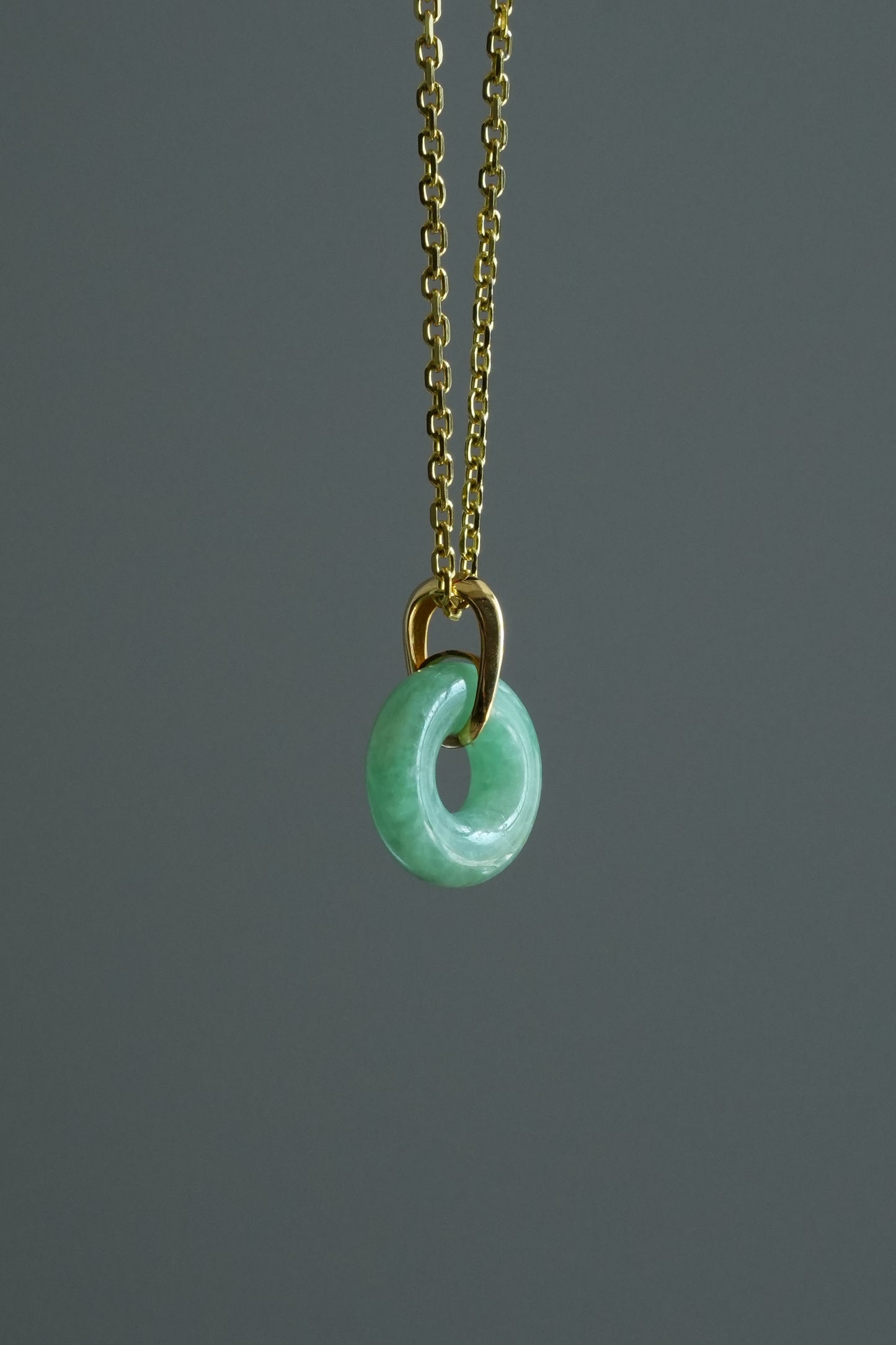 #0429 "Ping An Kou" Vivid Green Jadeite Jade Mini Donut 18K Yellow Gold Pendant