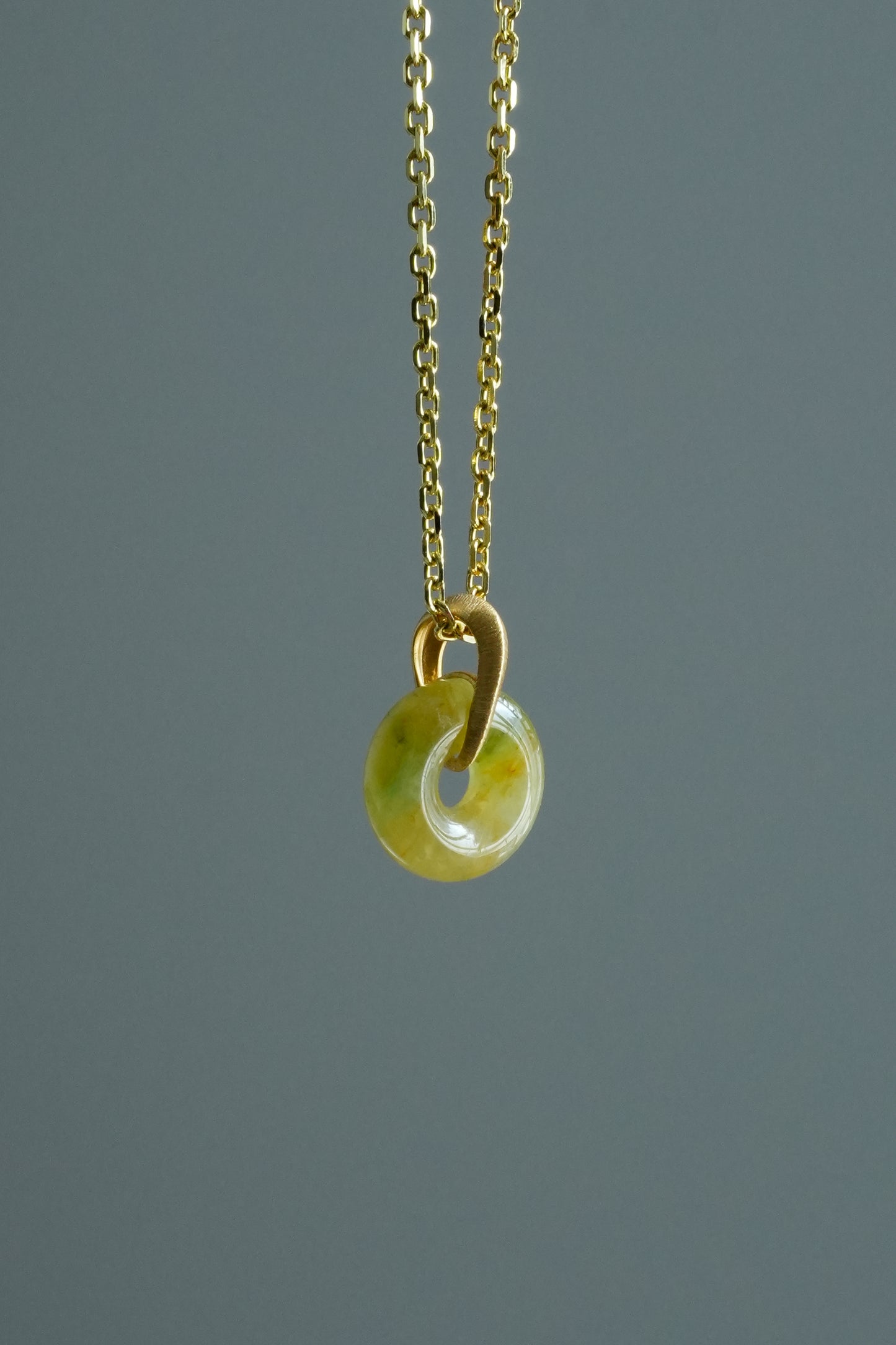#0428 "Ping An Kou" Icy Vivid Yellow Green Jadeite Jade Mini Donut 18K Yellow Gold Pendant