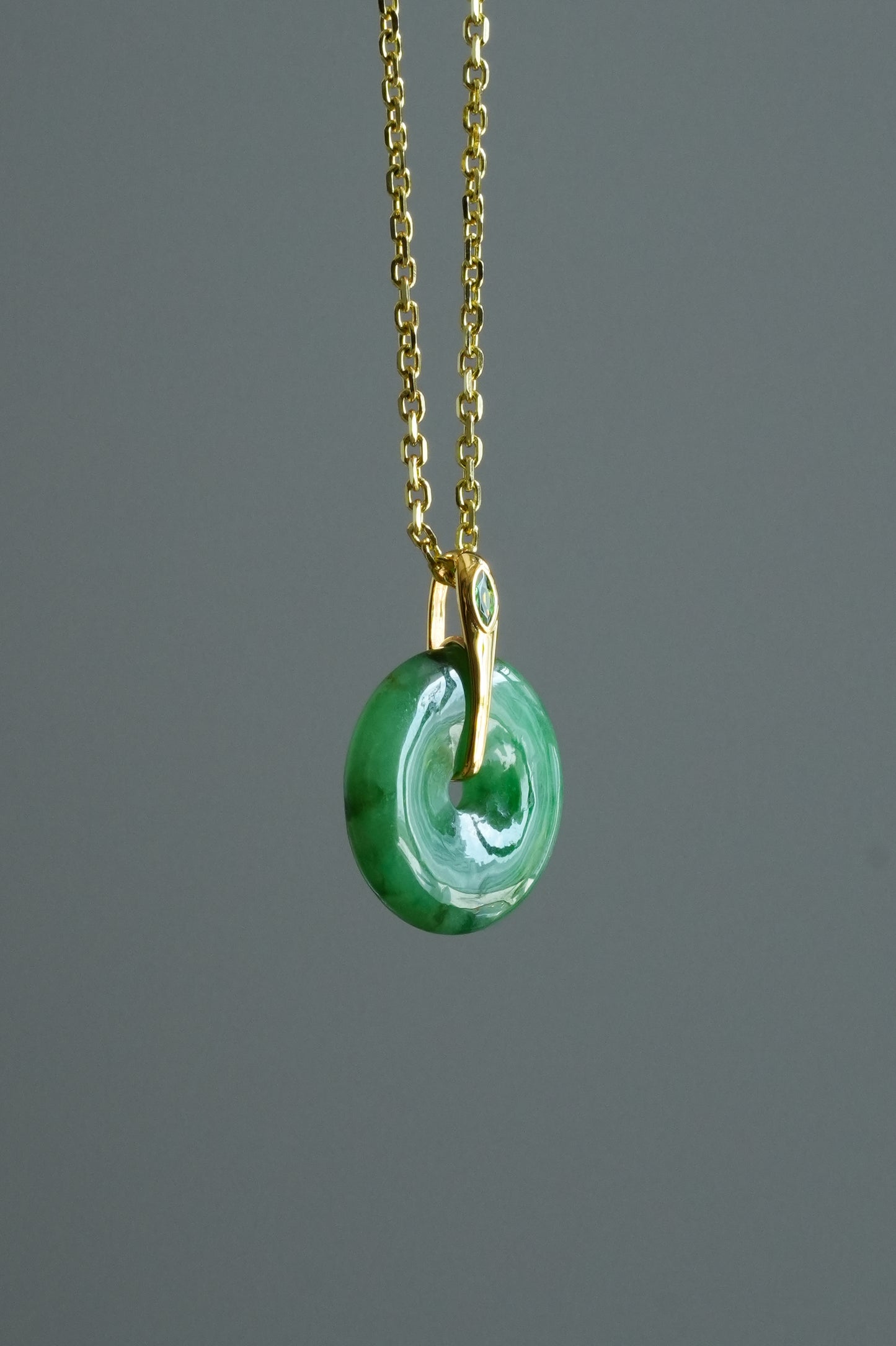 #0447 "Ping An Kou" Silky Rich Green Jadeite Jade Donut 18K Yellow Gold Pendant