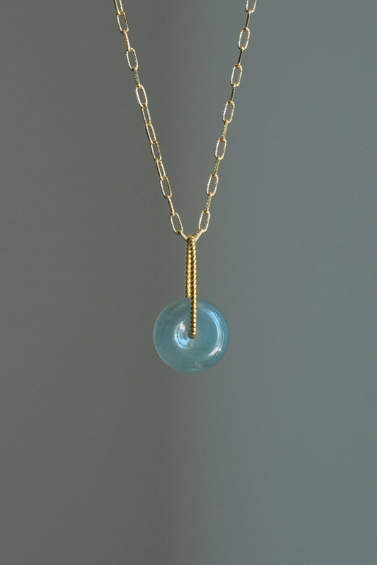 #0452 "Bi" Highly Icy Blue Lavender Jadeite Jade Donut 18K Yellow Gold Pendant