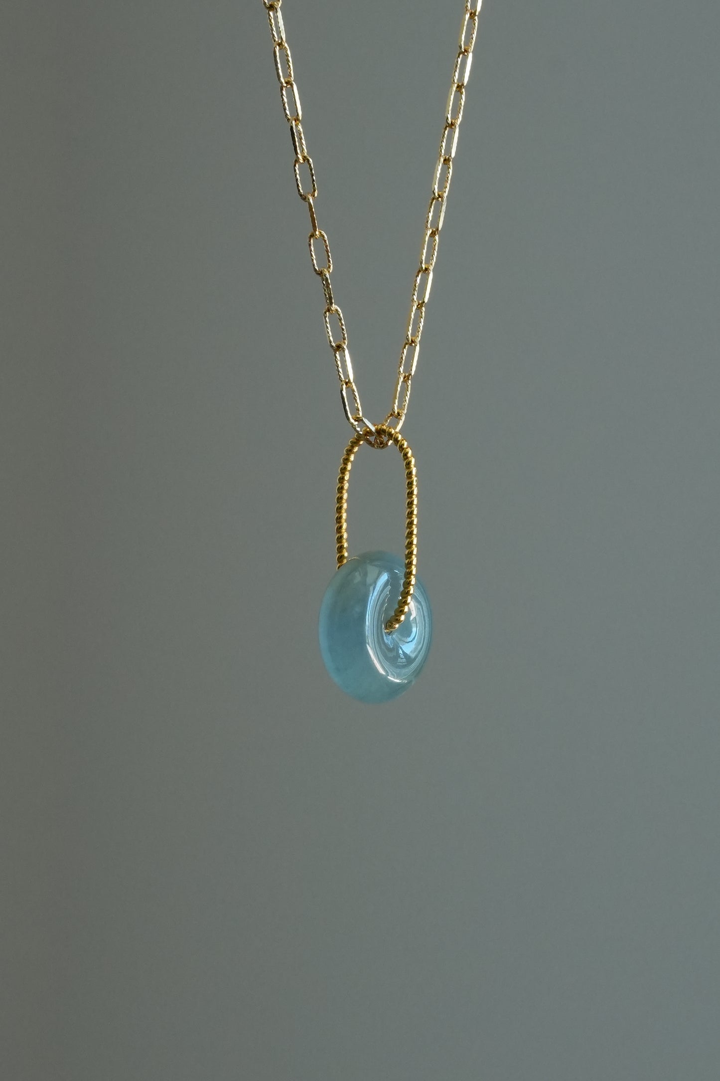 #0452 "Bi" Highly Icy Blue Jadeite Jade Donut 18K Yellow Gold Pendant