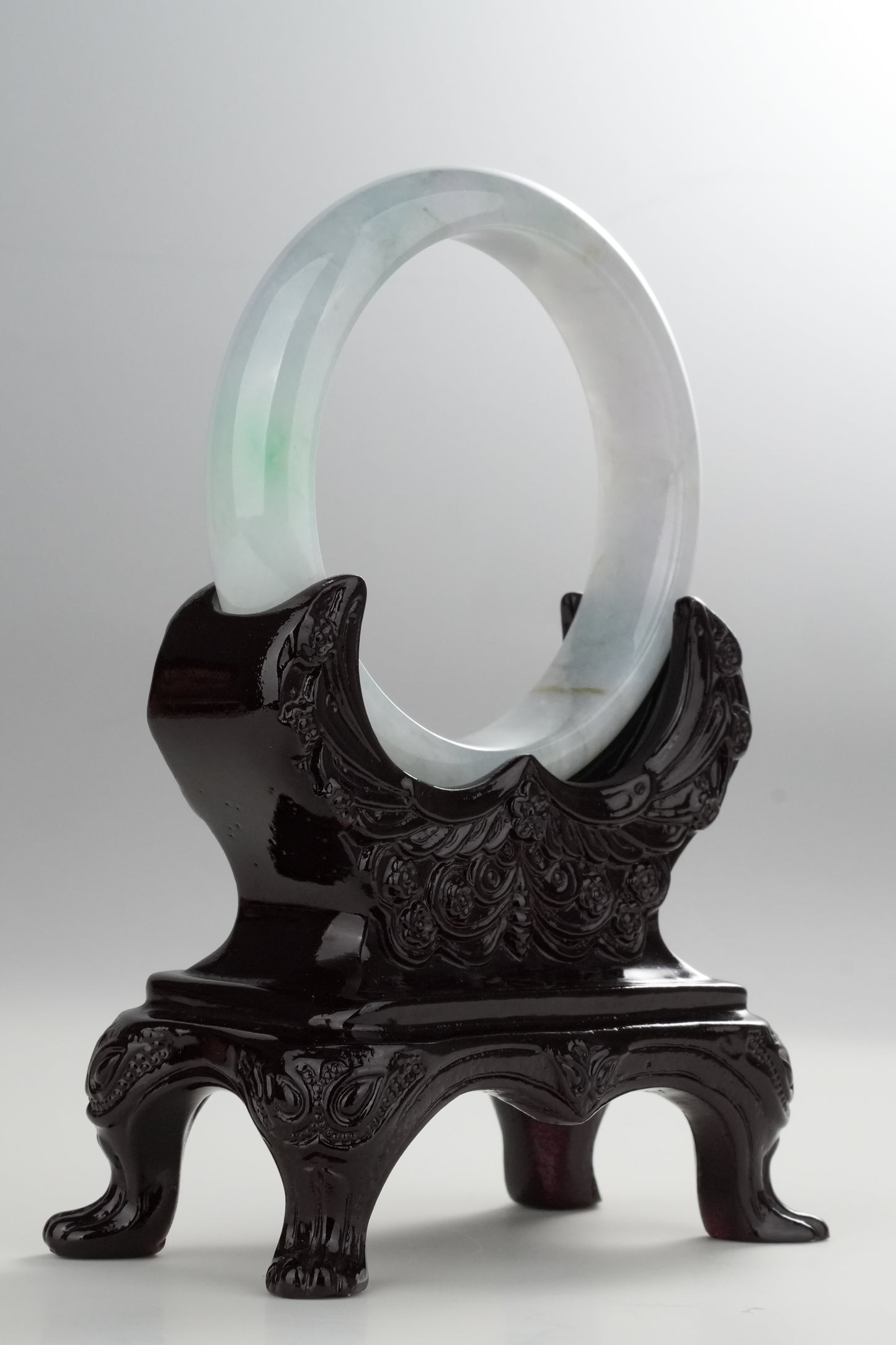 #0324 Icy White Sun Green Spot Jade Bangle Size 57.3