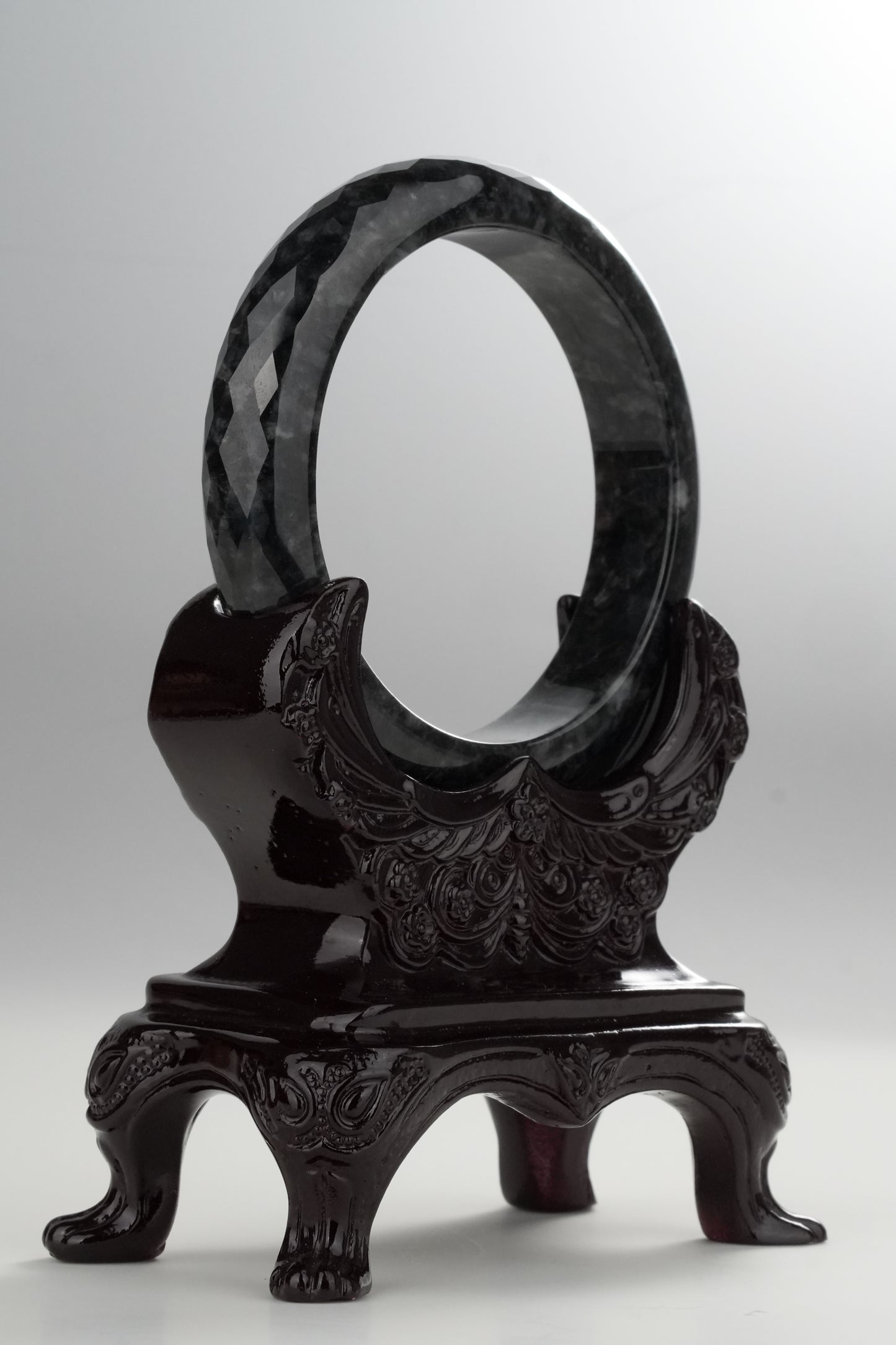 #0316 Diamond Cut Black Jade Bangle Size 57.6