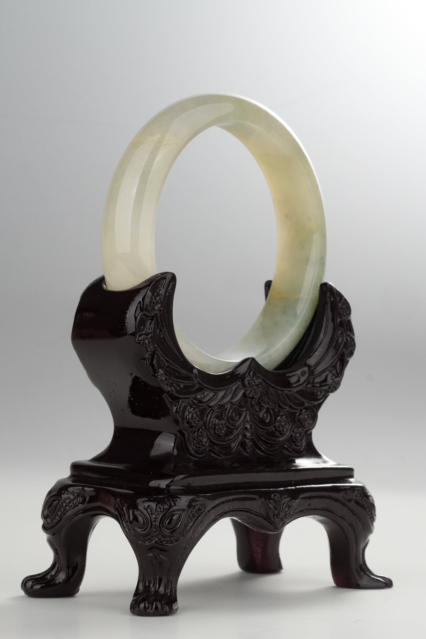 #0314 Icy Yellow Ink Green Flower Jade Bangle Size 55.6