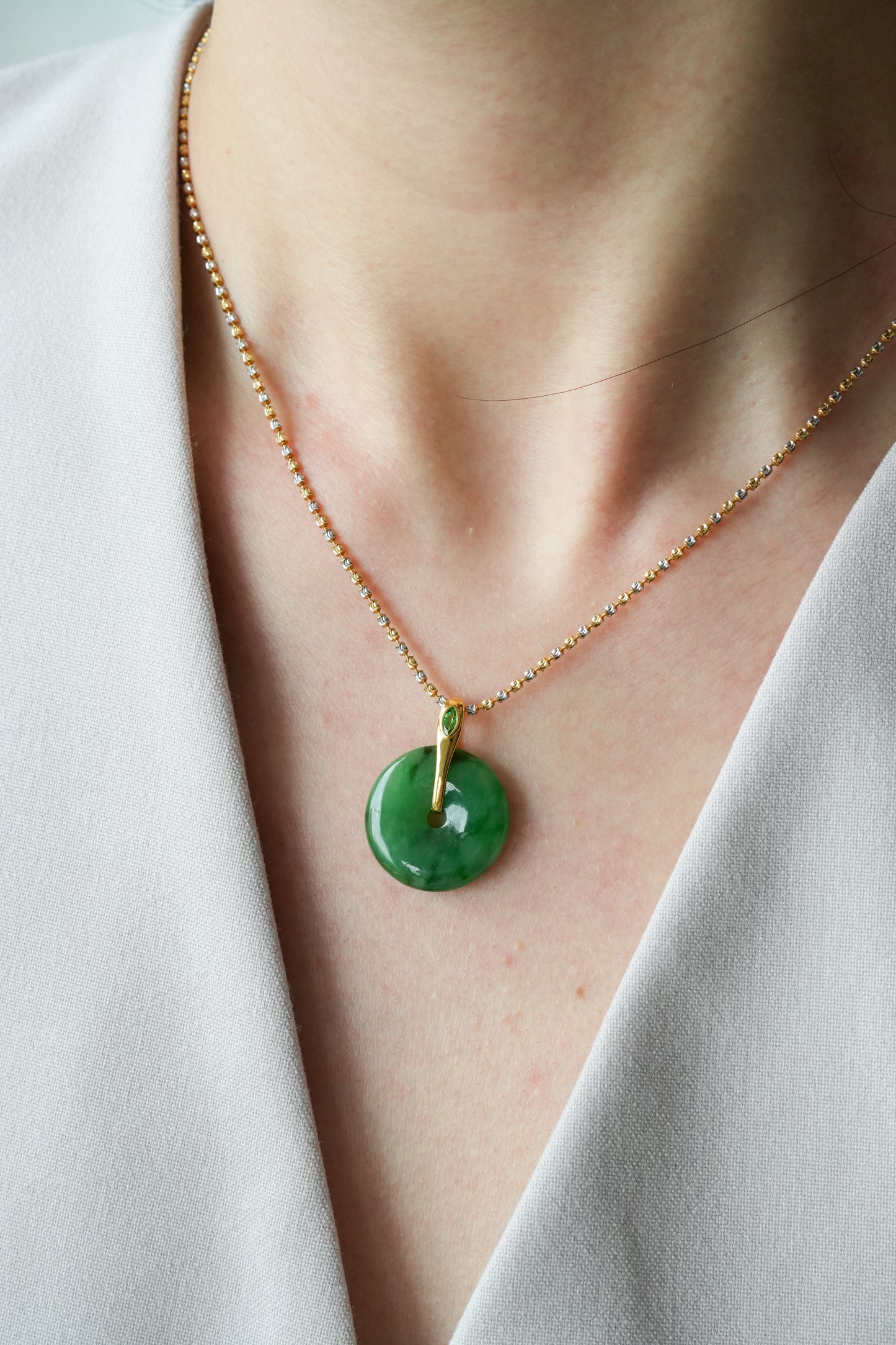 #P0447 "Ping An Kou" Silky Rich Green Jadeite Jade Donut 18K Yellow Gold Pendant