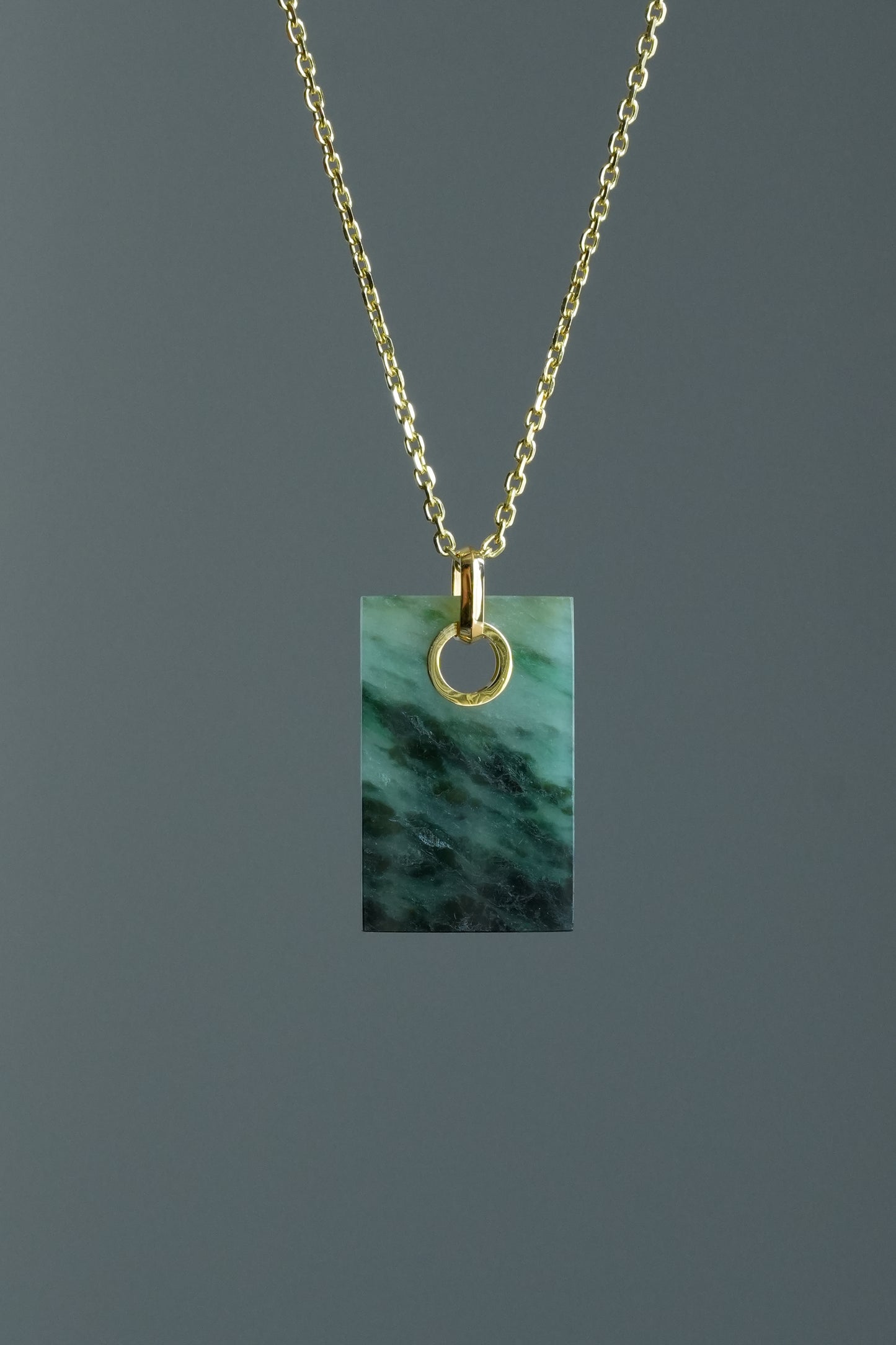 #0456 "Wushi" Icy Dark Green Jadeite Jade 18K Yellow Gold Pendant