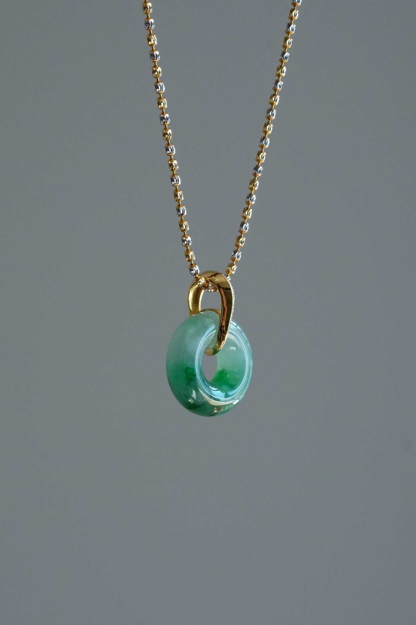 #0454 "Bi" Icy Sun Green Jadeite Jade Donut 18K Yellow Gold Pendant