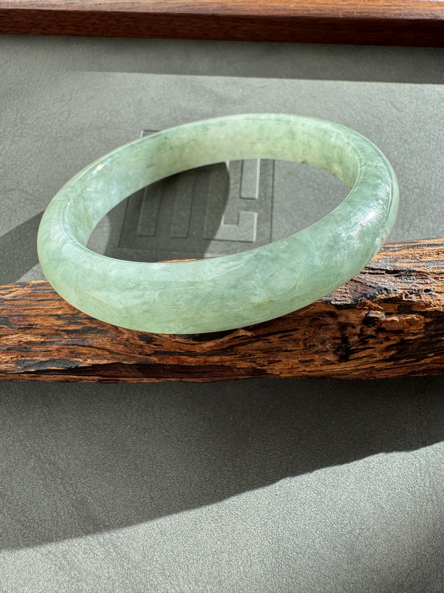 #0328 Icy Light Olive Green Jade Bangle Size 58.8