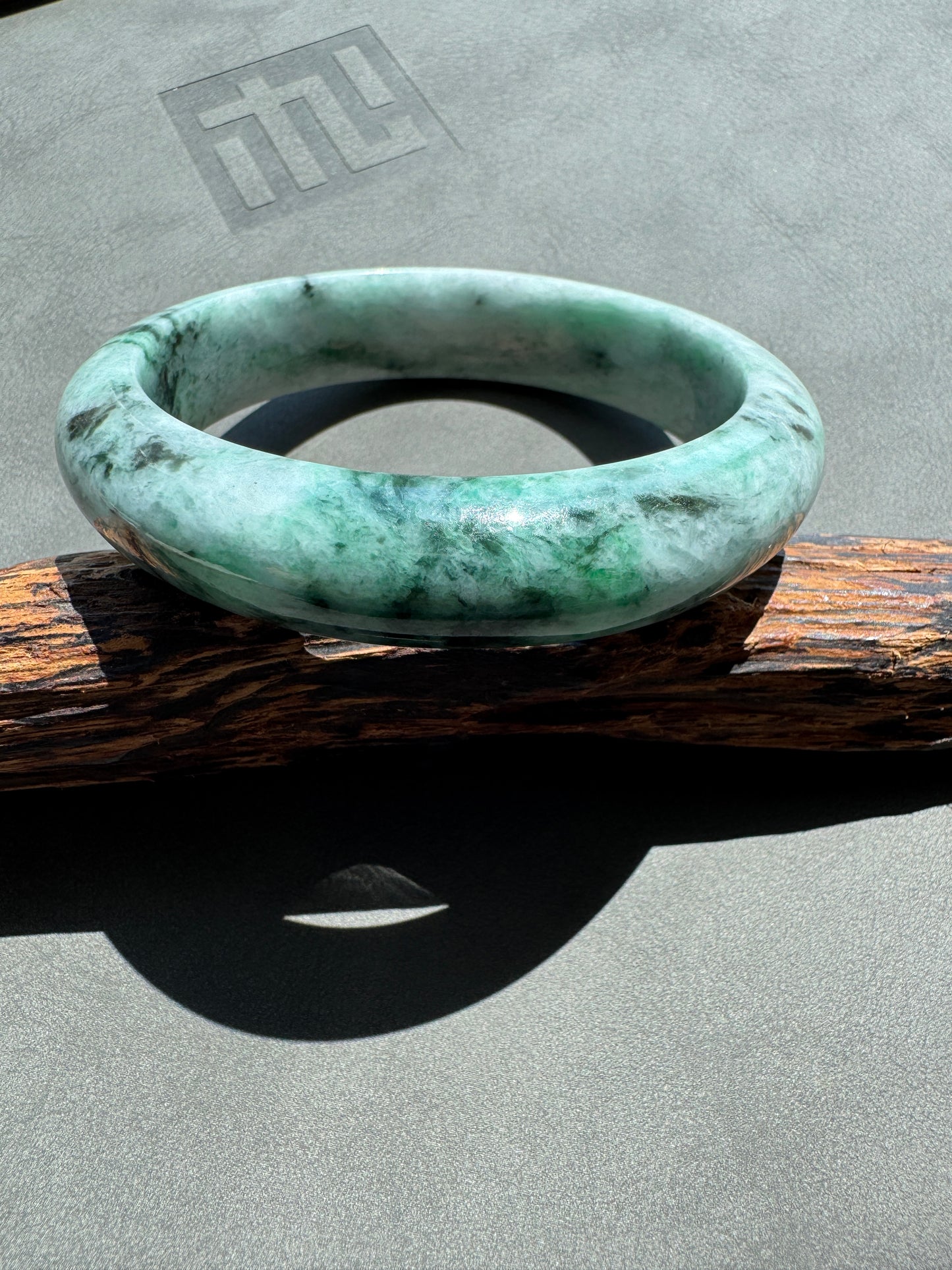 #0280 Dark Green Flower Jade Bangle Size 58.4