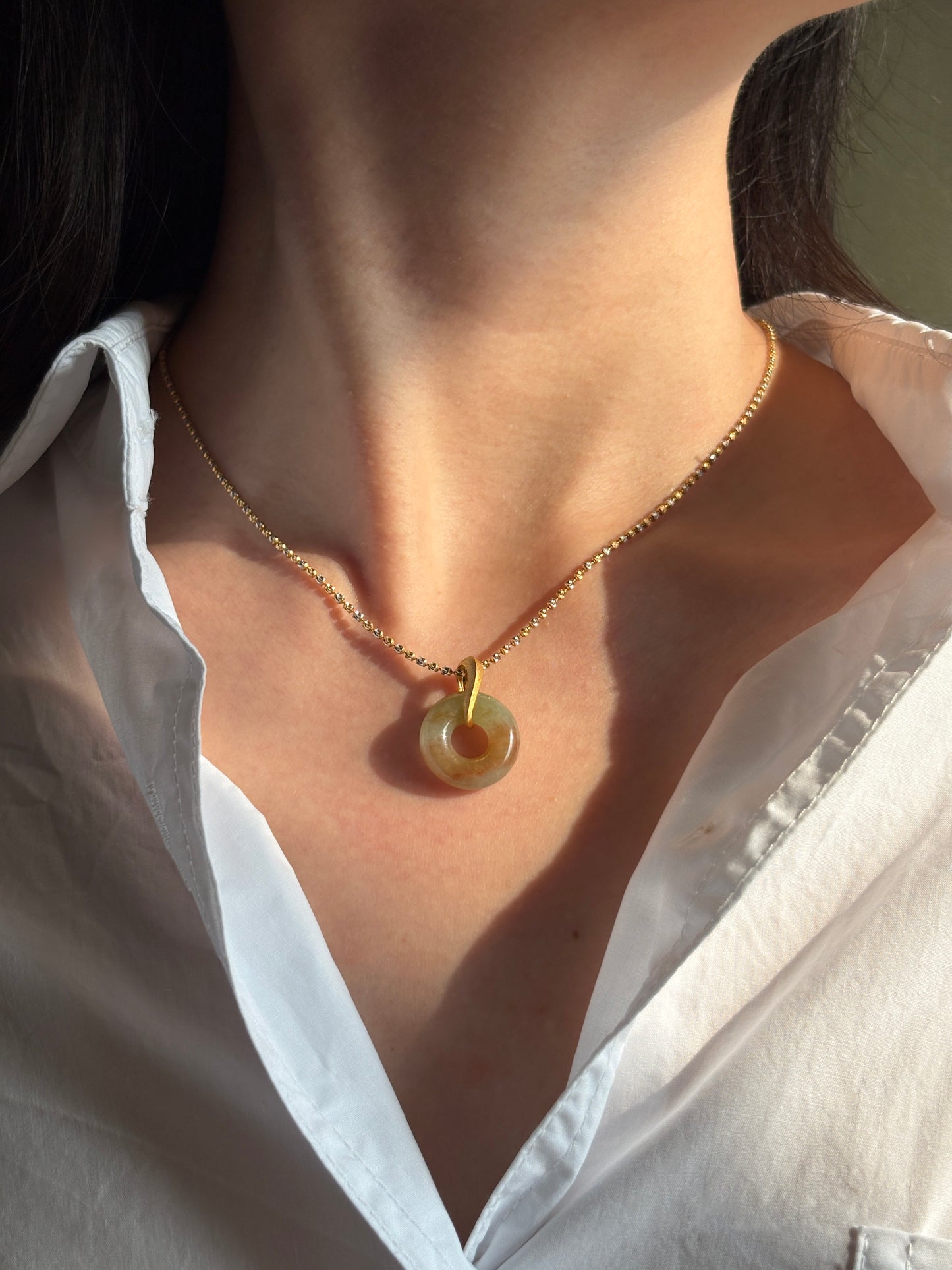 #P0524 "Bi" Icy Yellow Red Flower Jadeite Jade Donut 18K Yellow Gold Pendant