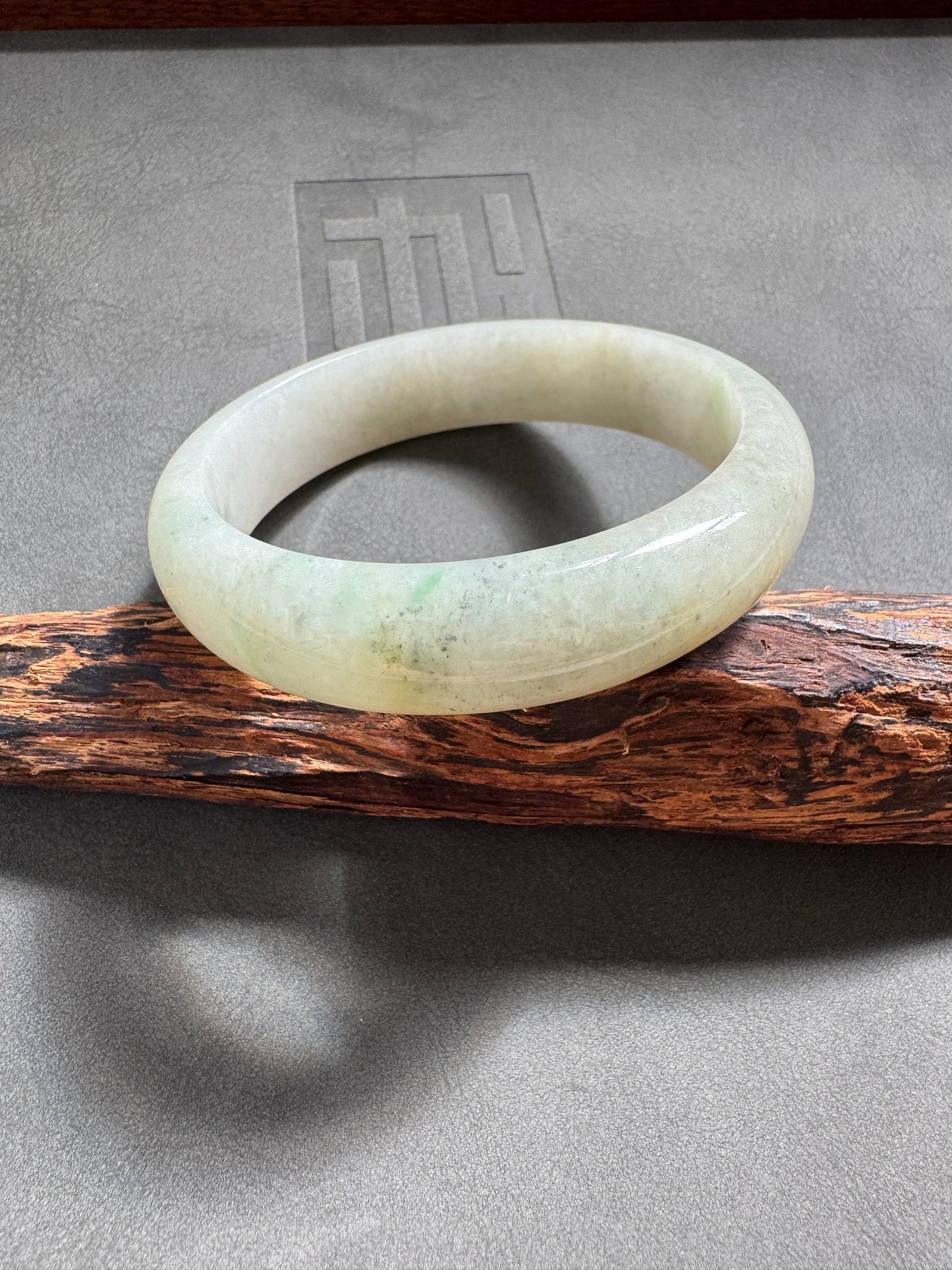 #0314 Icy Yellow Ink Green Flower Jade Bangle Size 55.6