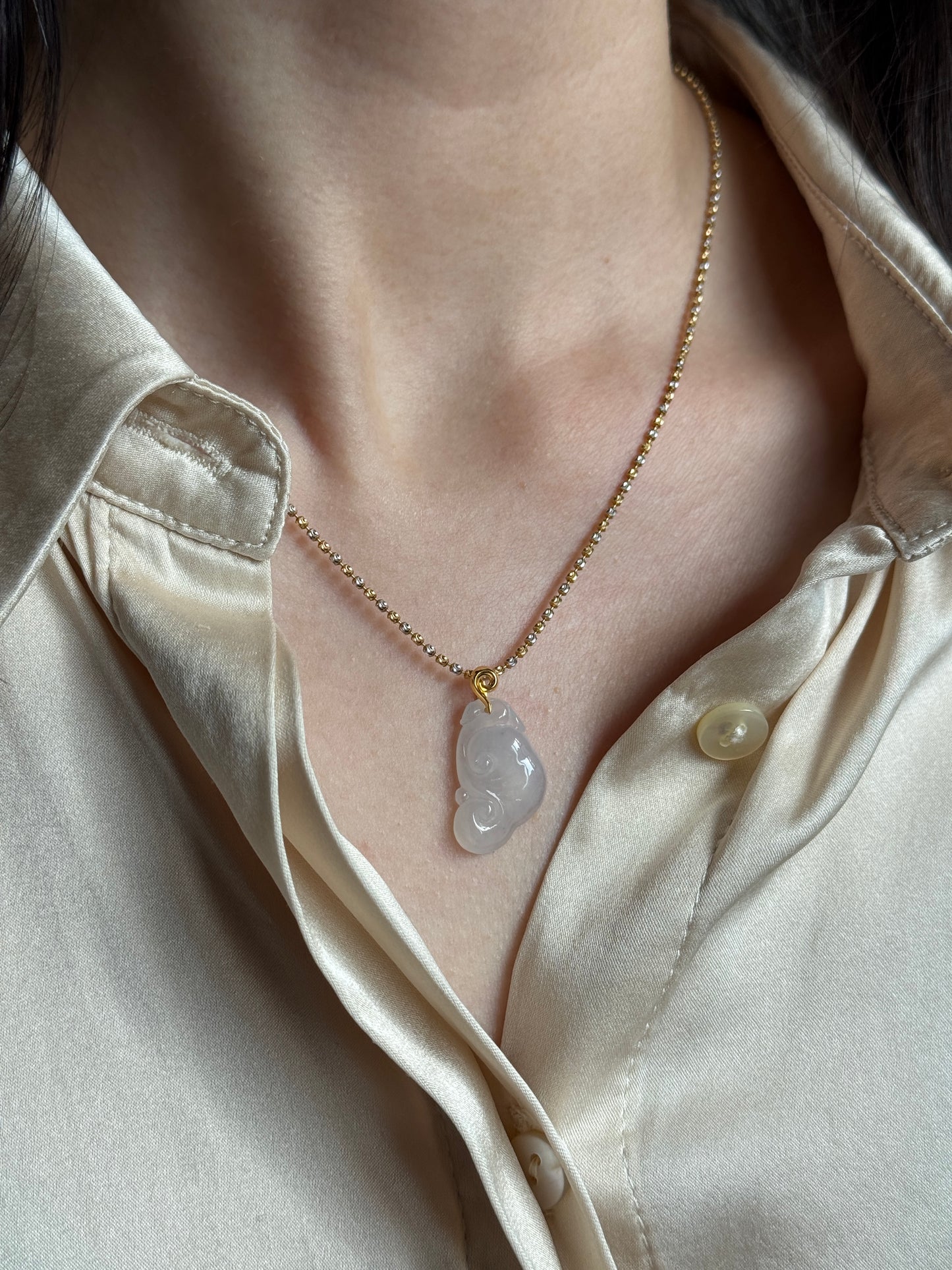 #P0500 "Ruyi / As Your Wish" Icy White Jadeite Jade 18K Yellow Gold Pendant