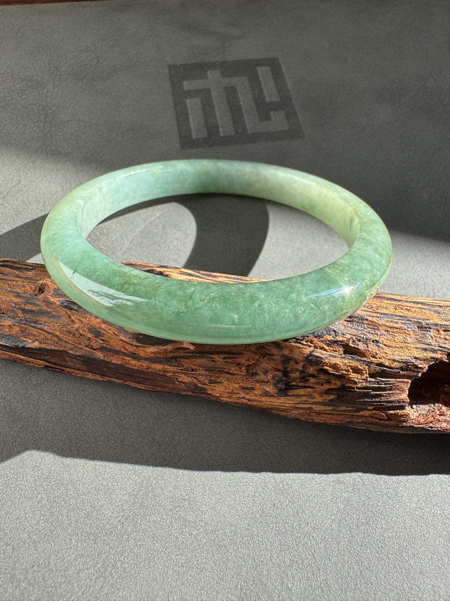 #0290 Icy Olive Green Jade Bangle Size 58