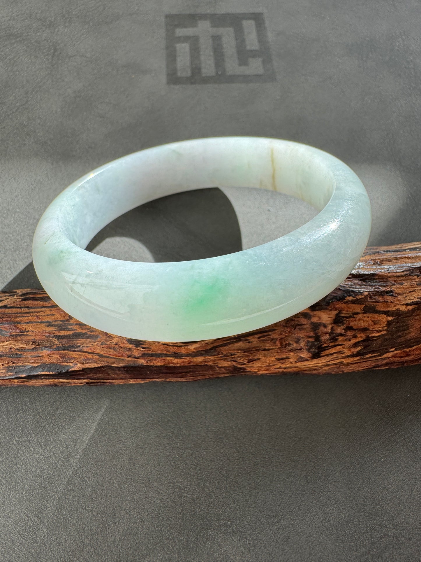 #0324 Icy White Sun Green Spot Jade Bangle Size 57.3