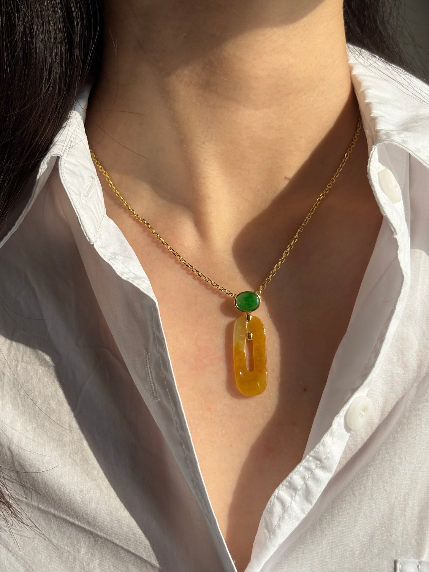 #P0538 "Retro Bi" Icy Golden Yellow Bi & Imperial Sun Green Cabochon Jadeite Jade Donut 18K Yellow Gold Pendant