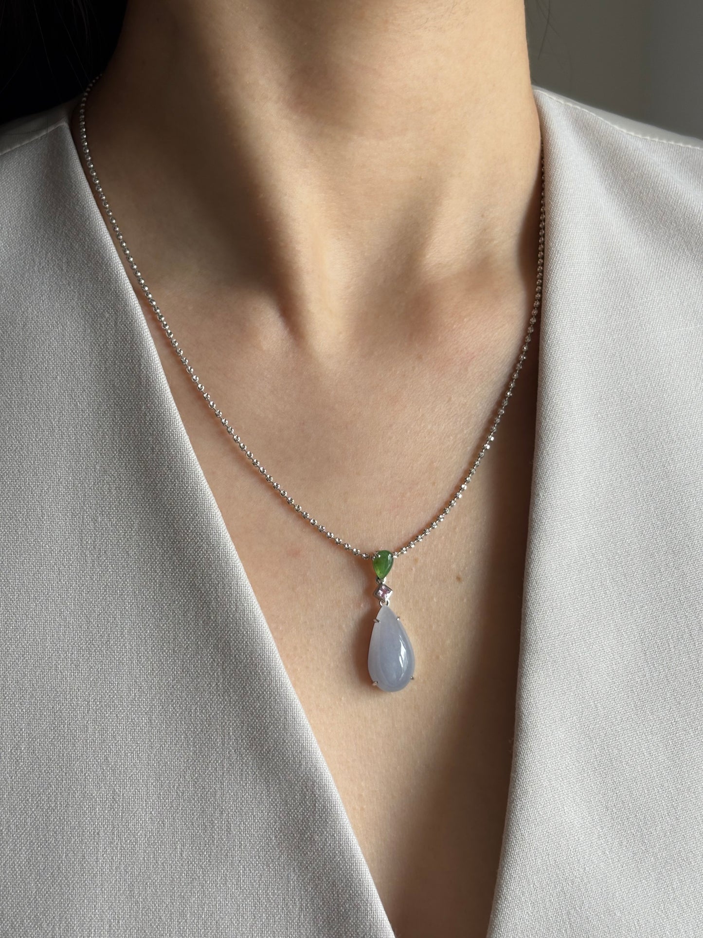 #0461 "Water Drop" Icy Lavender & Sun Green Jadeite Jade Pink Sapphire 18K White Gold Pendant