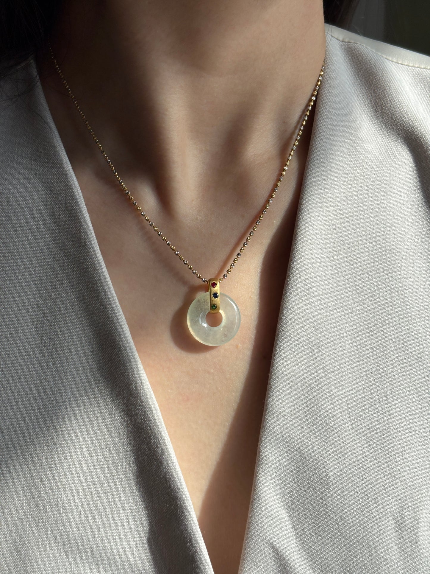 #P0491 "Bi" Highly Icy Light Green Jadeite Jade Donut 18K Yellow Gold Pendant
