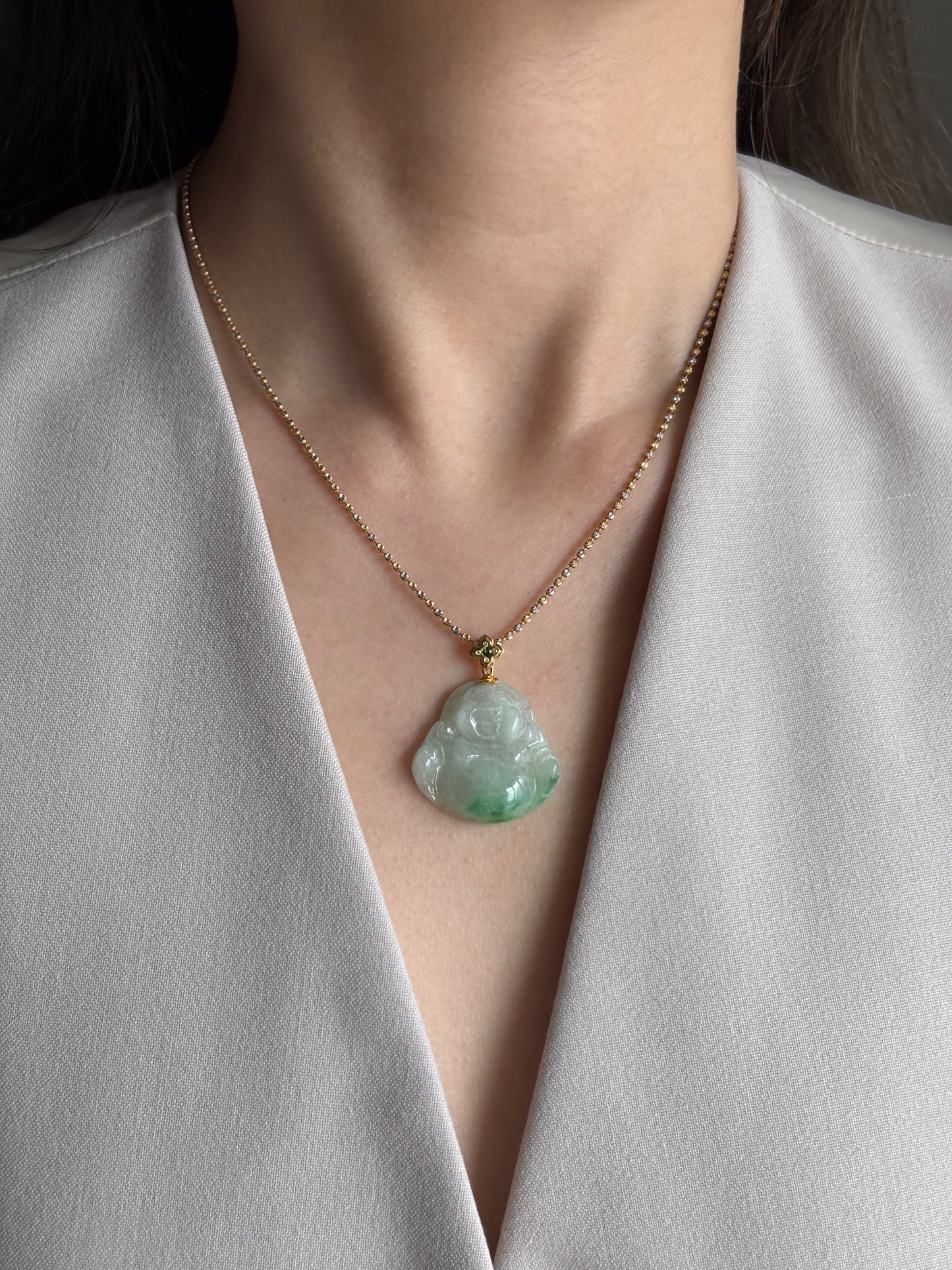 #P0462 Icy Sun Green Jadeite Jade Buddha 18K Yellow Gold Pendant