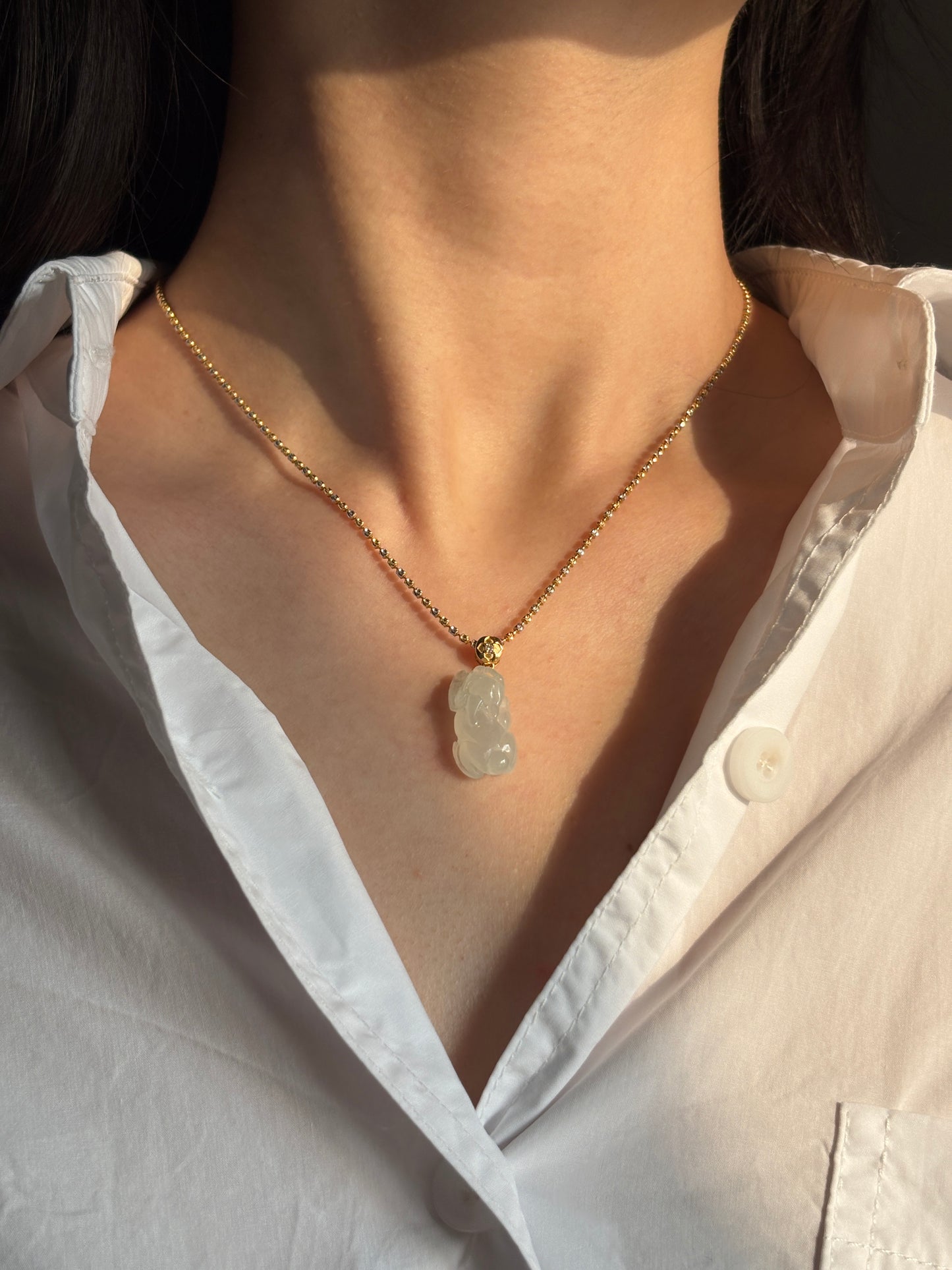 #P0531 "Pixiu" Icy Light Green Jadeite Jade 18K Yellow Gold Pendant