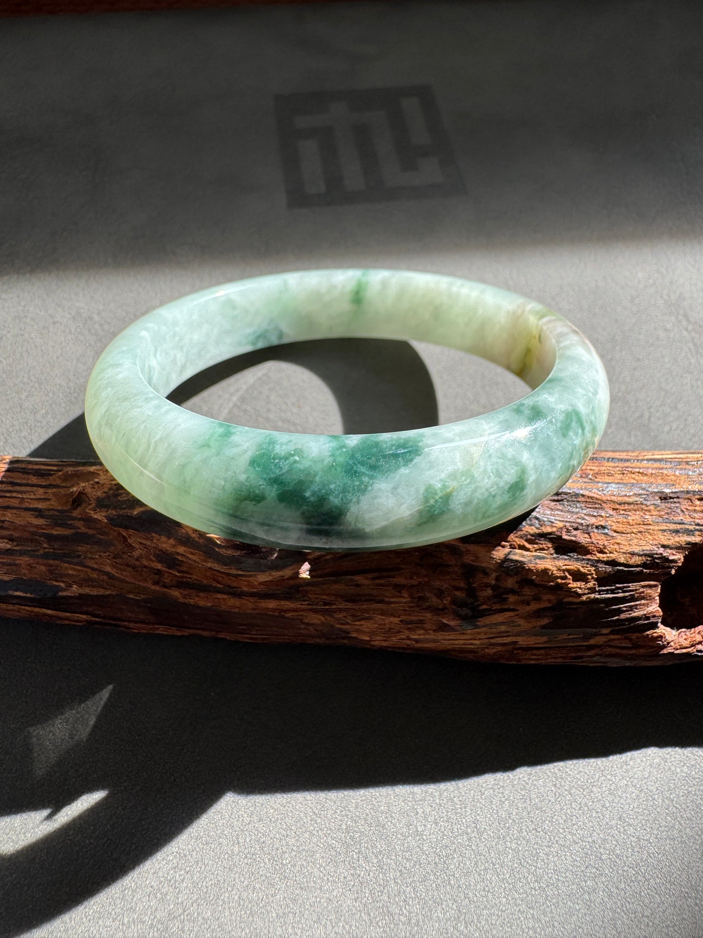 #0311 Green Yellow Flower Jade Bangle Size 55.6