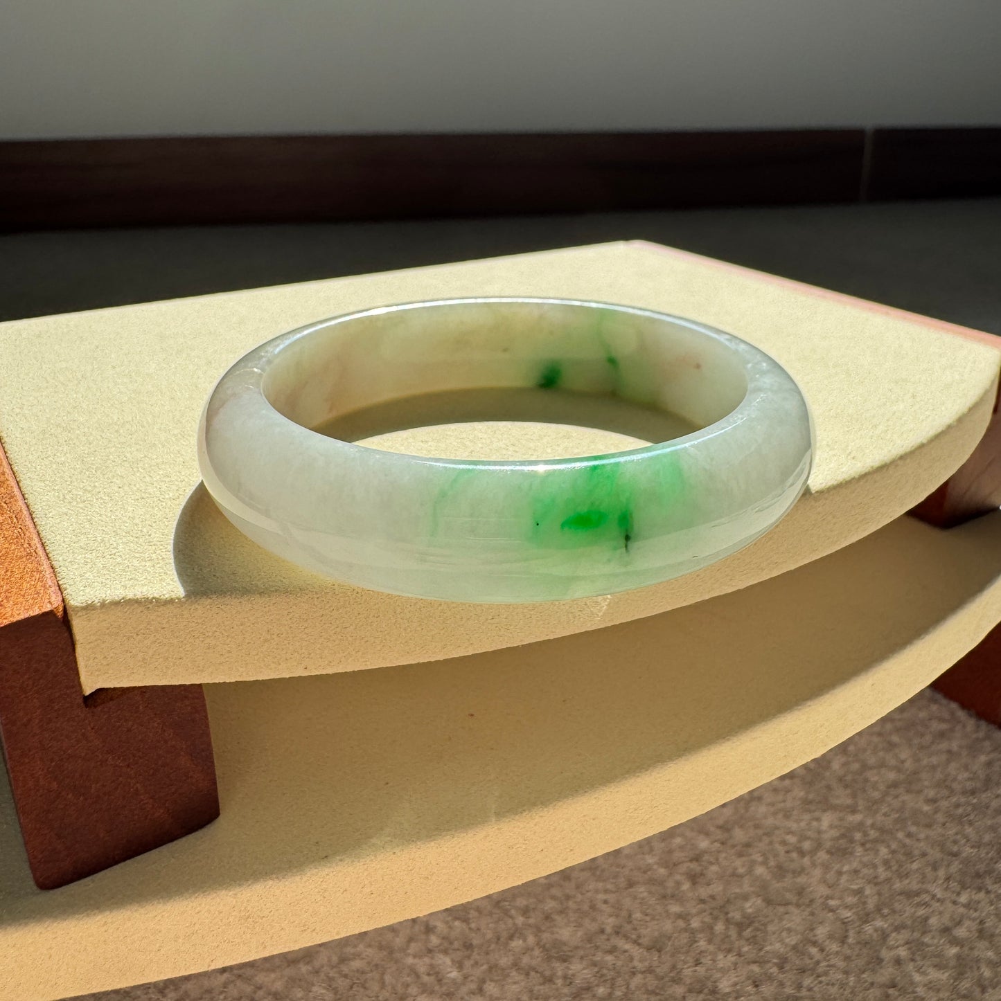 #0218 White Sun Green Red Jade Bangle Size 56