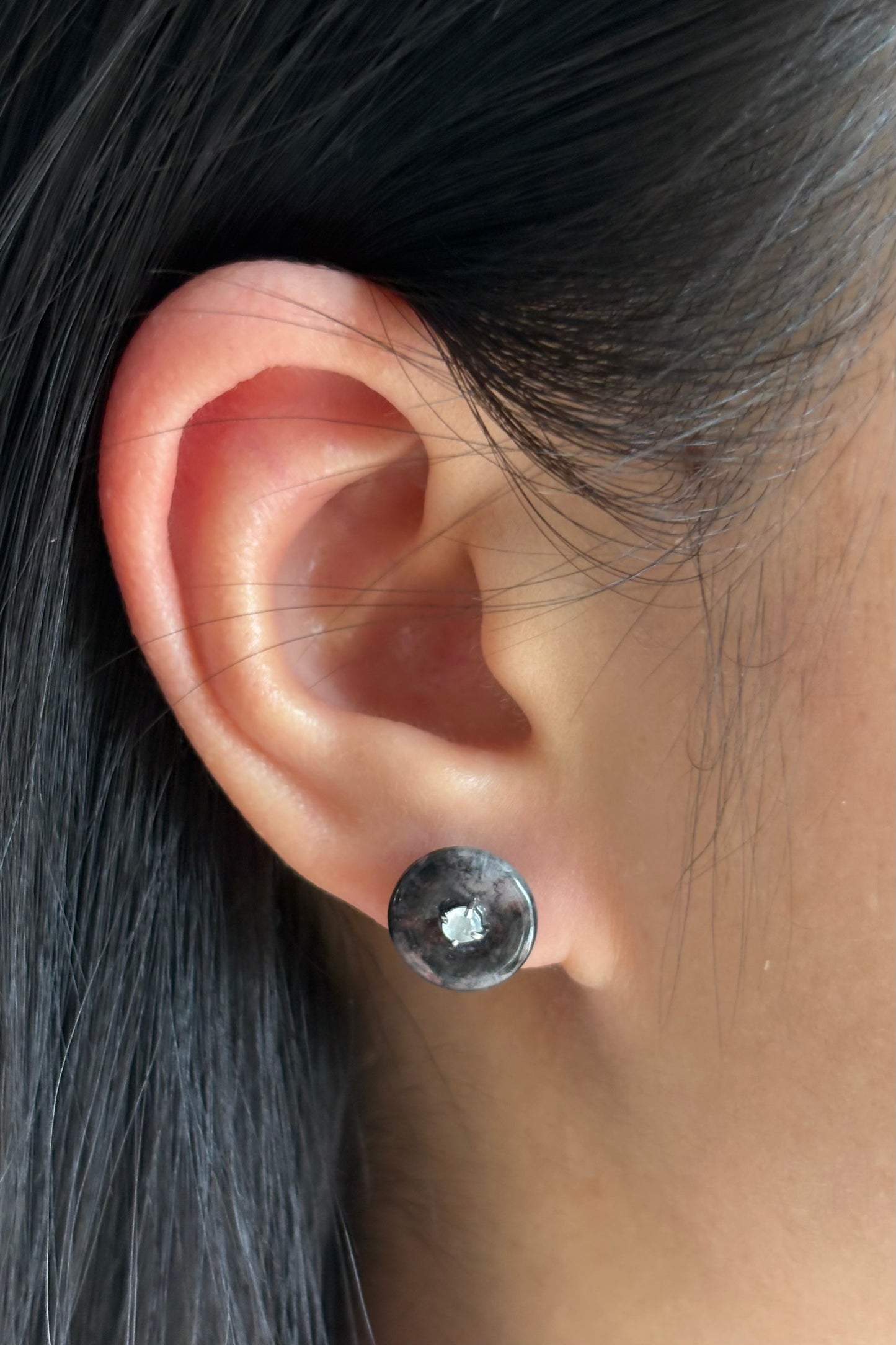 #E0301 "Bi" Highly Icy Ink Jadeite Jade 18K White Gold Earrings