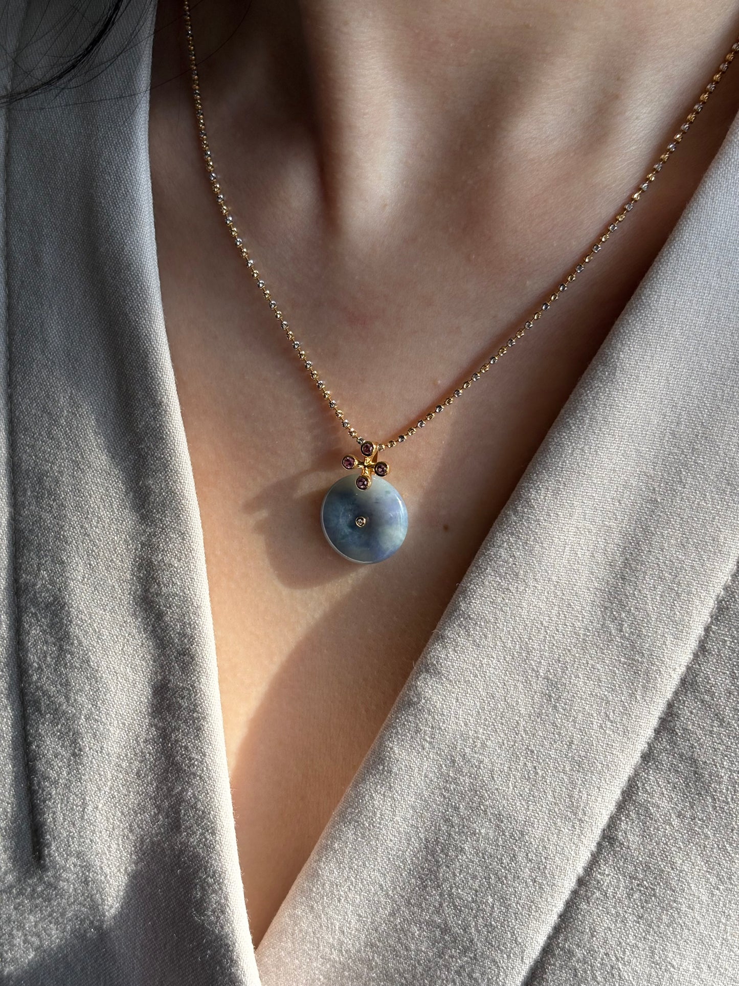 #P0475 "Bi" Icy Monet Lavender & Green Jadeite Jade Donut 18K Yellow Gold Pendant