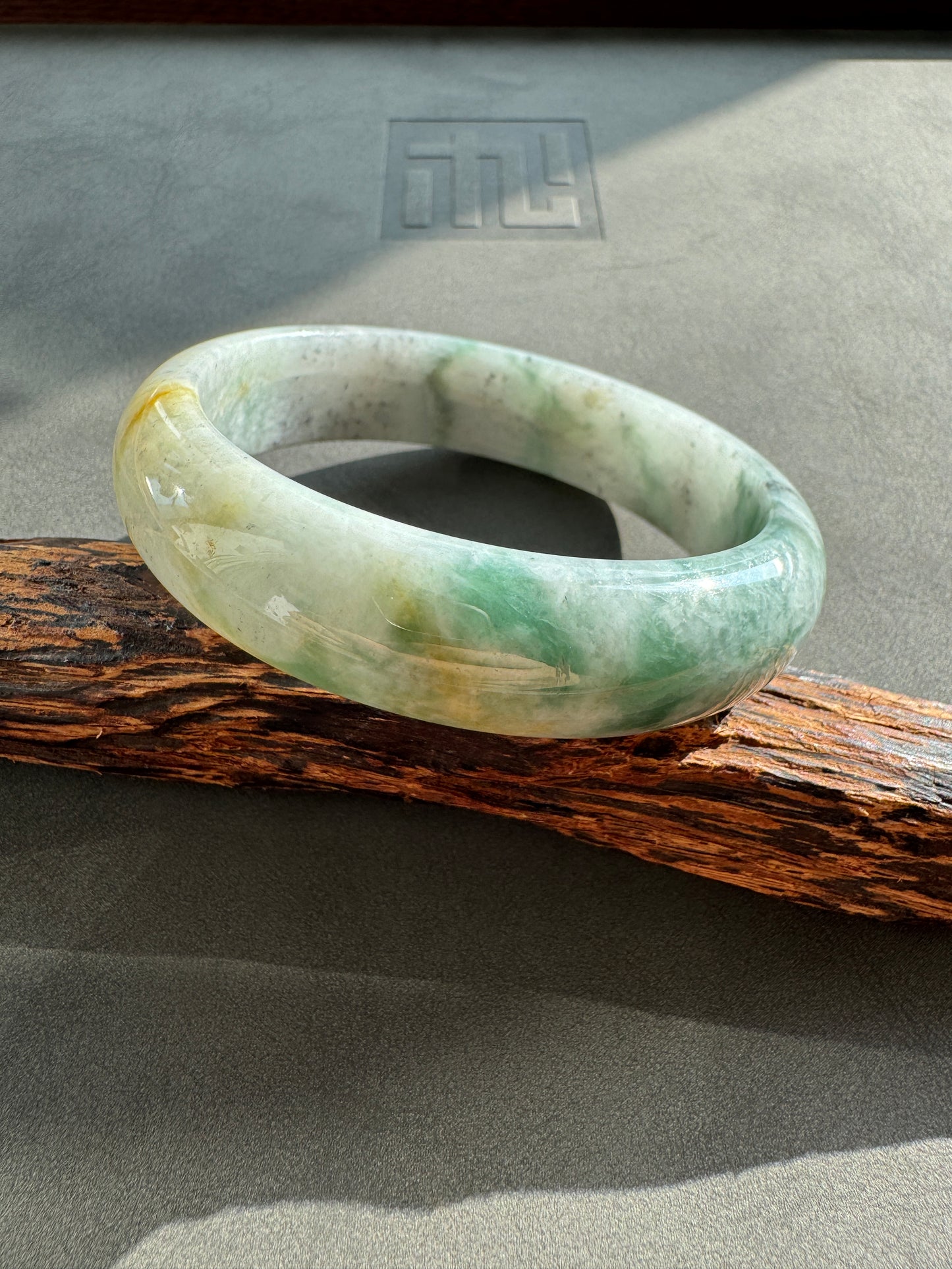 #0292 "Monet Garden" Green Yellow Ink Flower Bangle Size 58