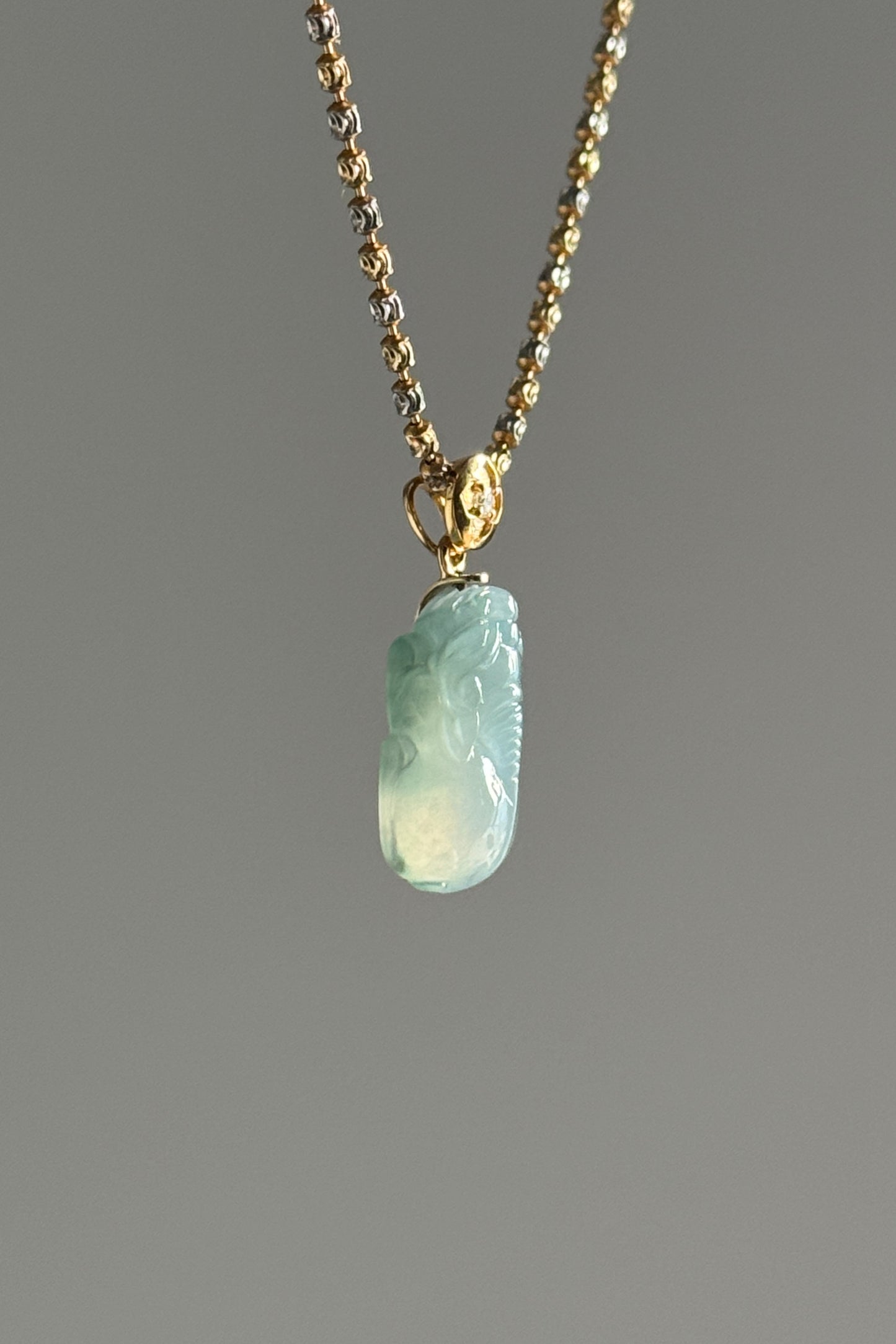 #P0496 "Pixiu" Icy Blue Green Jadeite Jade 18K Yellow Gold Pendant