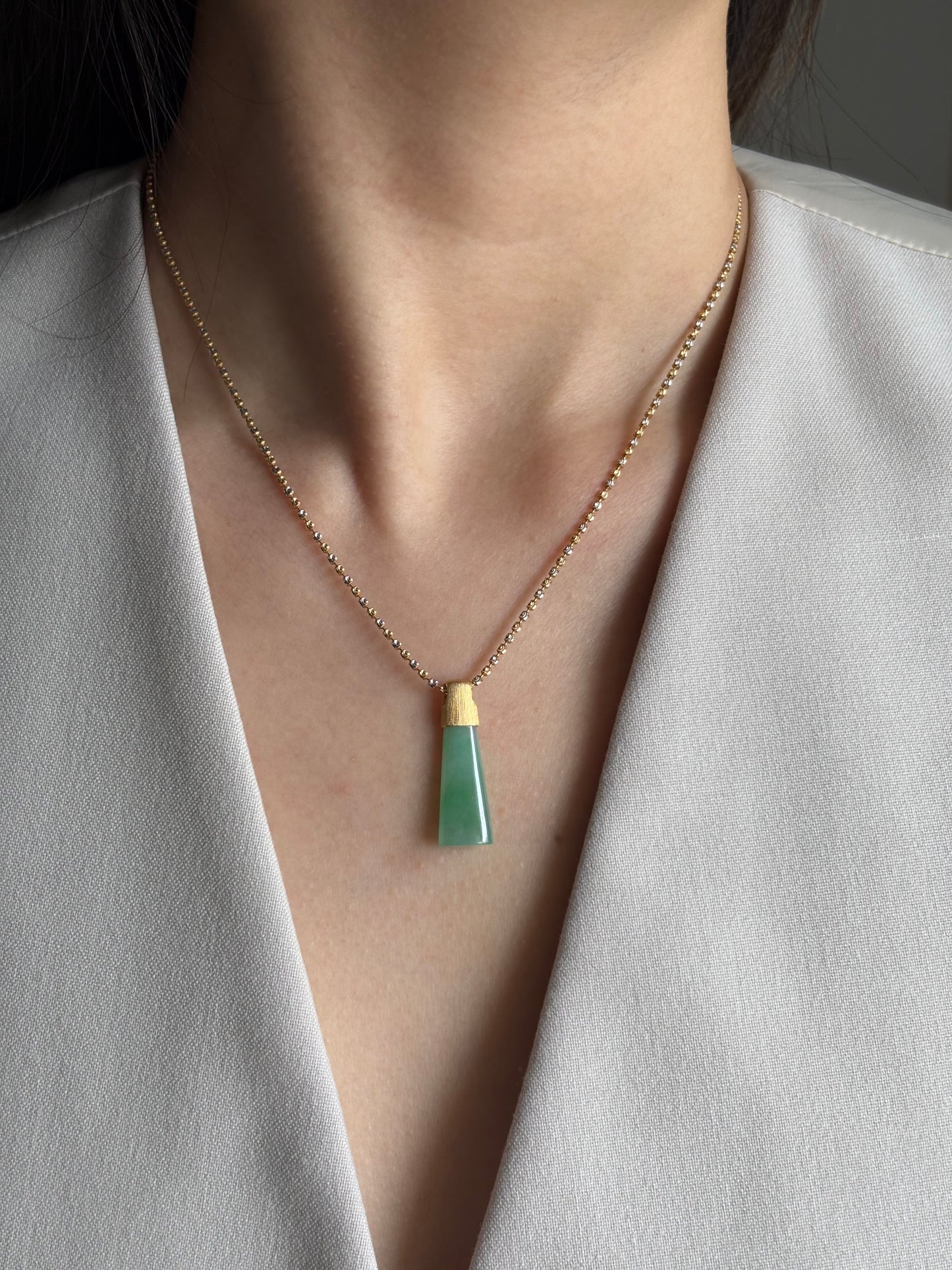 #P0458 "Wushi/Peace" Icy Lotus Green Jadeite Jade Peace 18K Yellow Gold Pendant