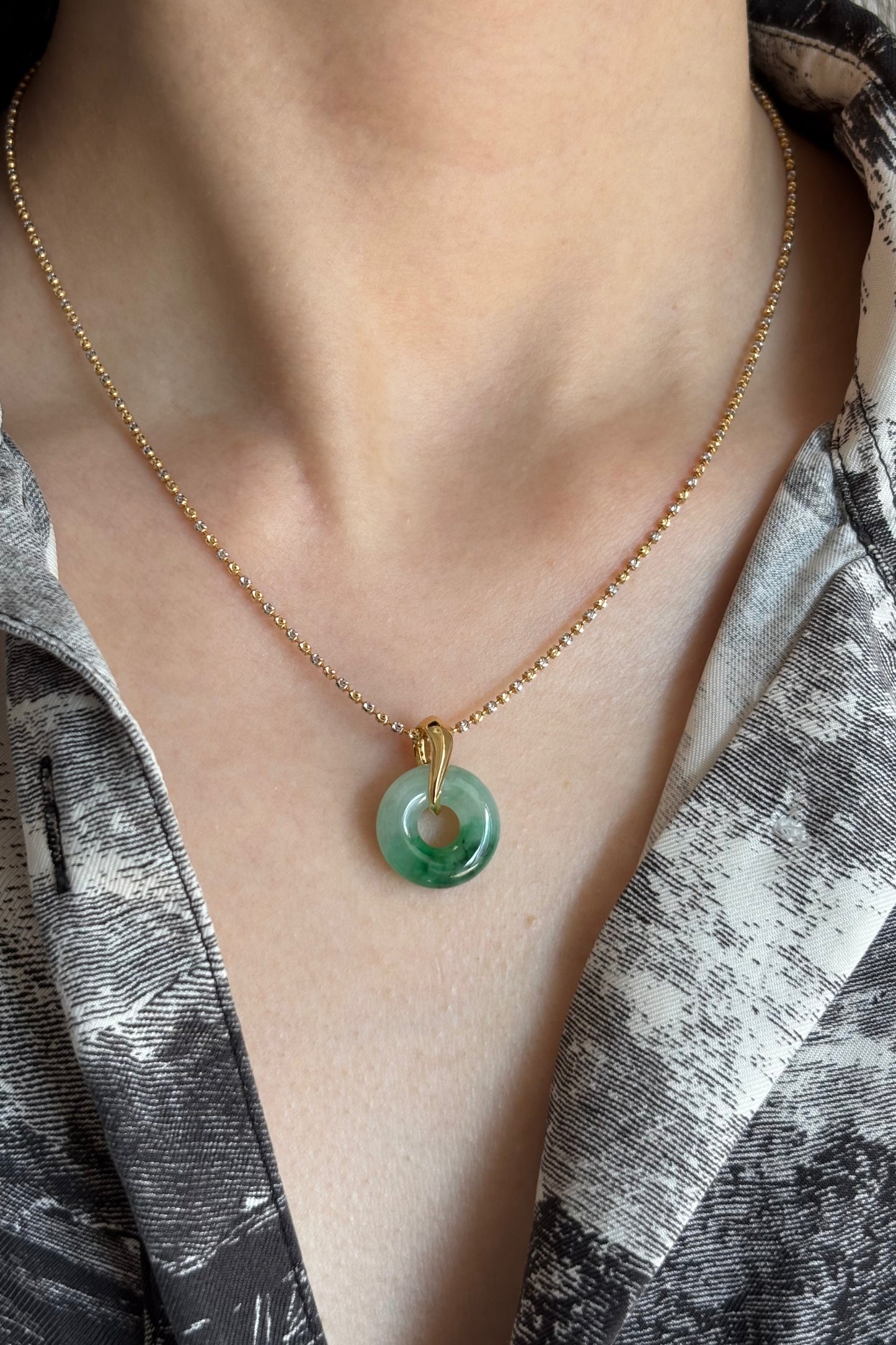 #0454 "Bi" Icy Sun Green Jadeite Jade Donut 18K Yellow Gold Pendant