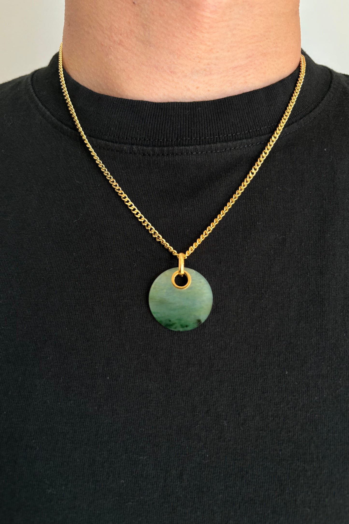 #P0457 "Wushi/Peace" Icy Green Jadeite Jade 18K Yellow Gold Pendant