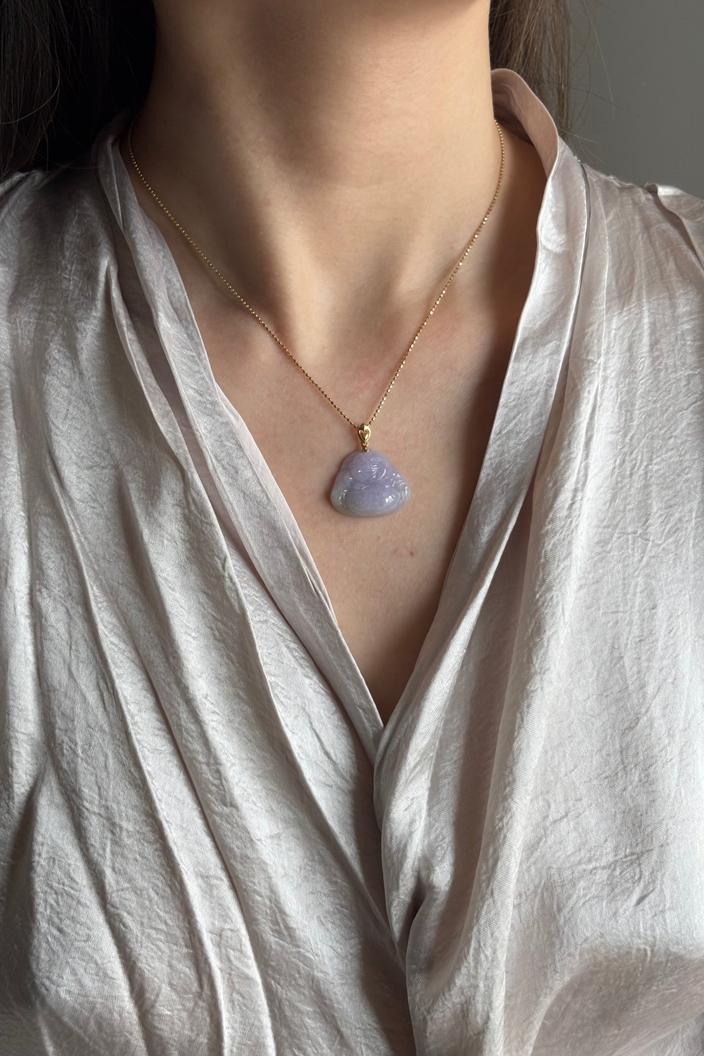 #P0438 "Buddha" Spring Lavender & Green Jadeite Jade 18K Yellow Gold Pendant