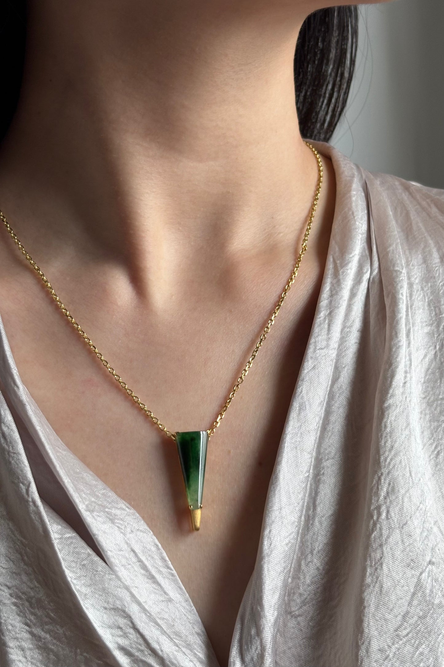 #P0445 "Wushi/Peace" Icy Rich Green Jadeite Jade Peace 18K Yellow Gold Pendant