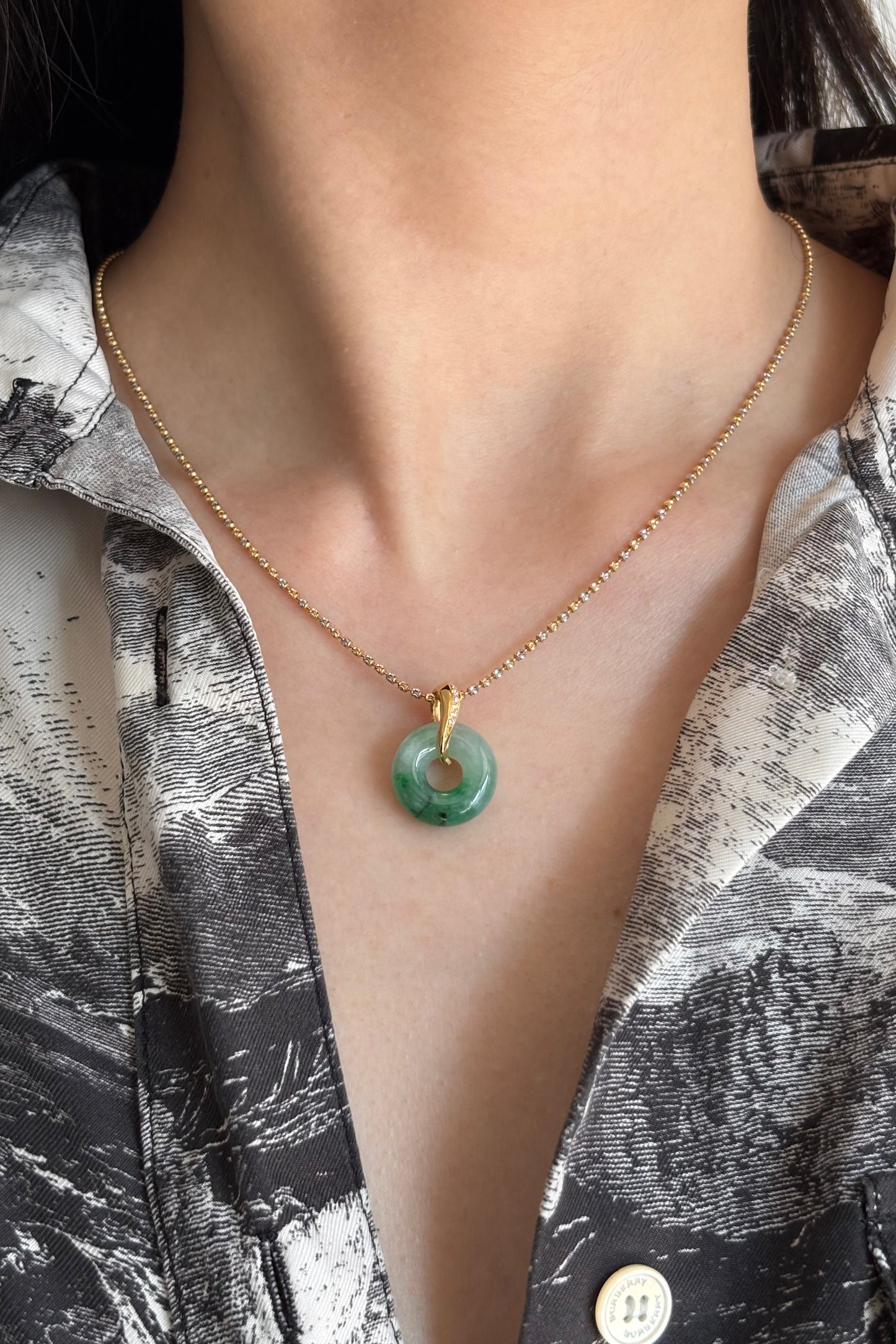 #0454 "Bi" Icy Sun Green Jadeite Jade Donut 18K Yellow Gold Pendant