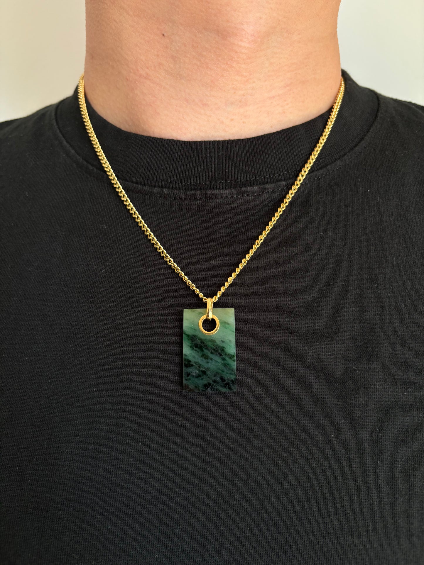 #P0456 "Wushi/Peace" Icy Dark Green Jadeite Jade 18K Yellow Gold Pendant