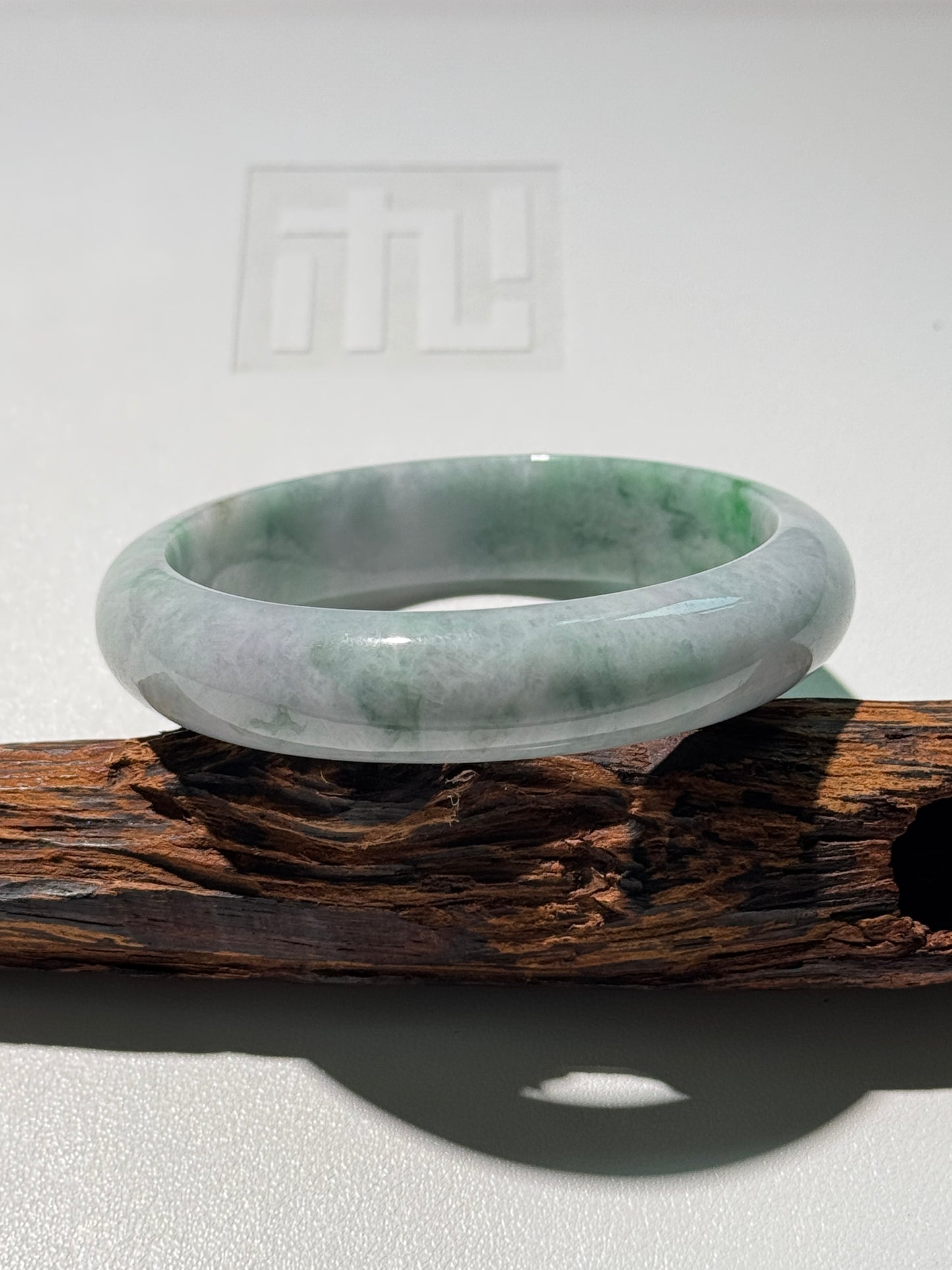 #0253 White Sun Green Light Lavender Jade Bangle Size 59