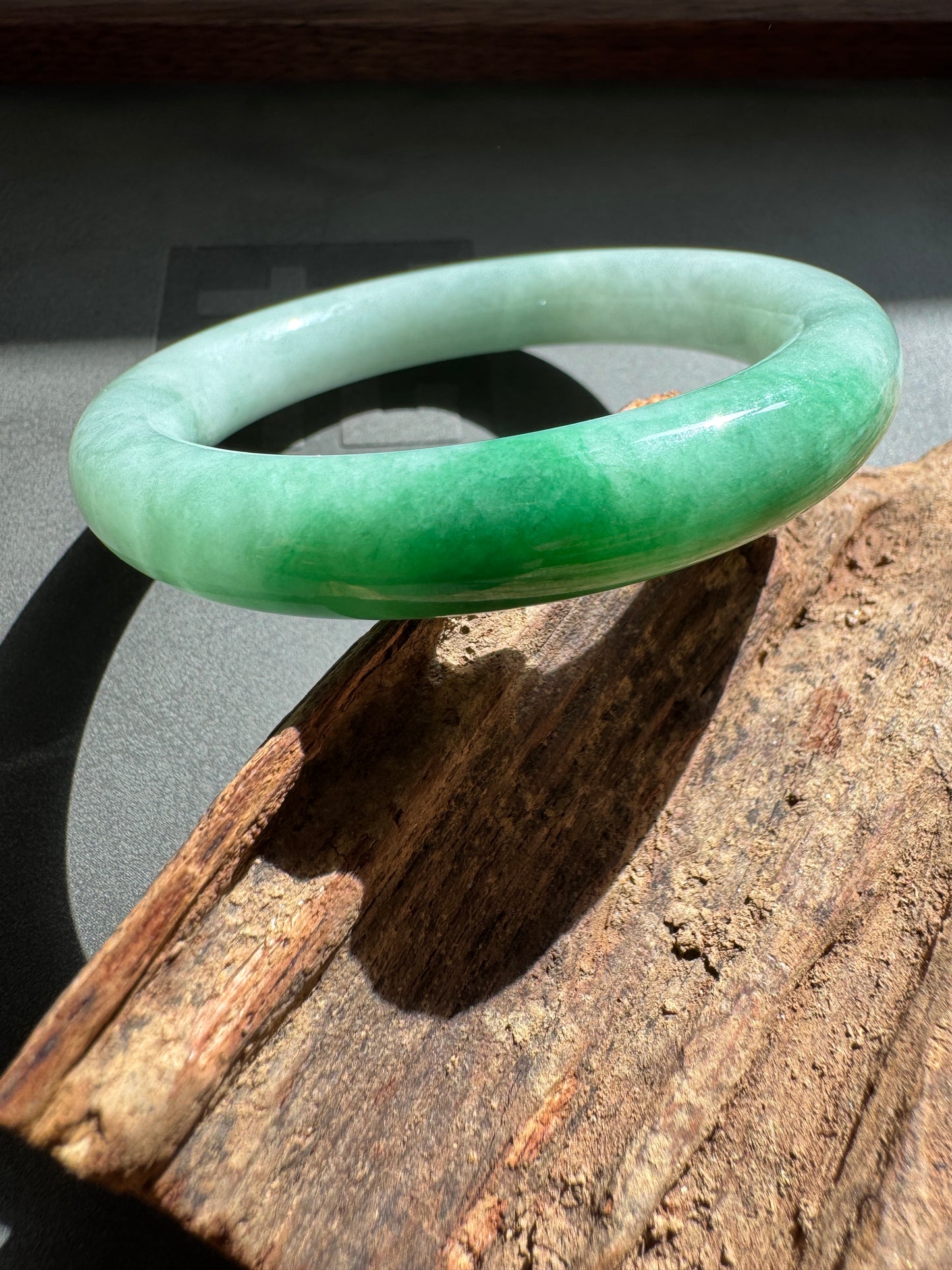 #0257 Imperial Green White Jade Bangle Size 50.2 (Fits Up to 52)
