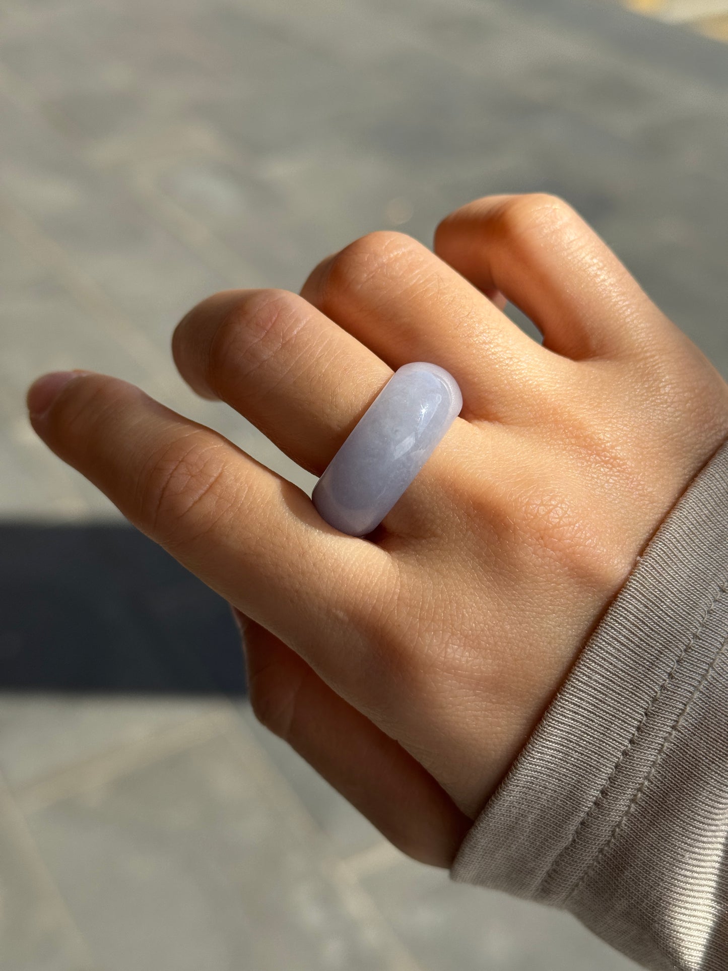 #R0607 Icy Lavender Yellow Flower Jadeite Jade Wide Band Ring Size 8
