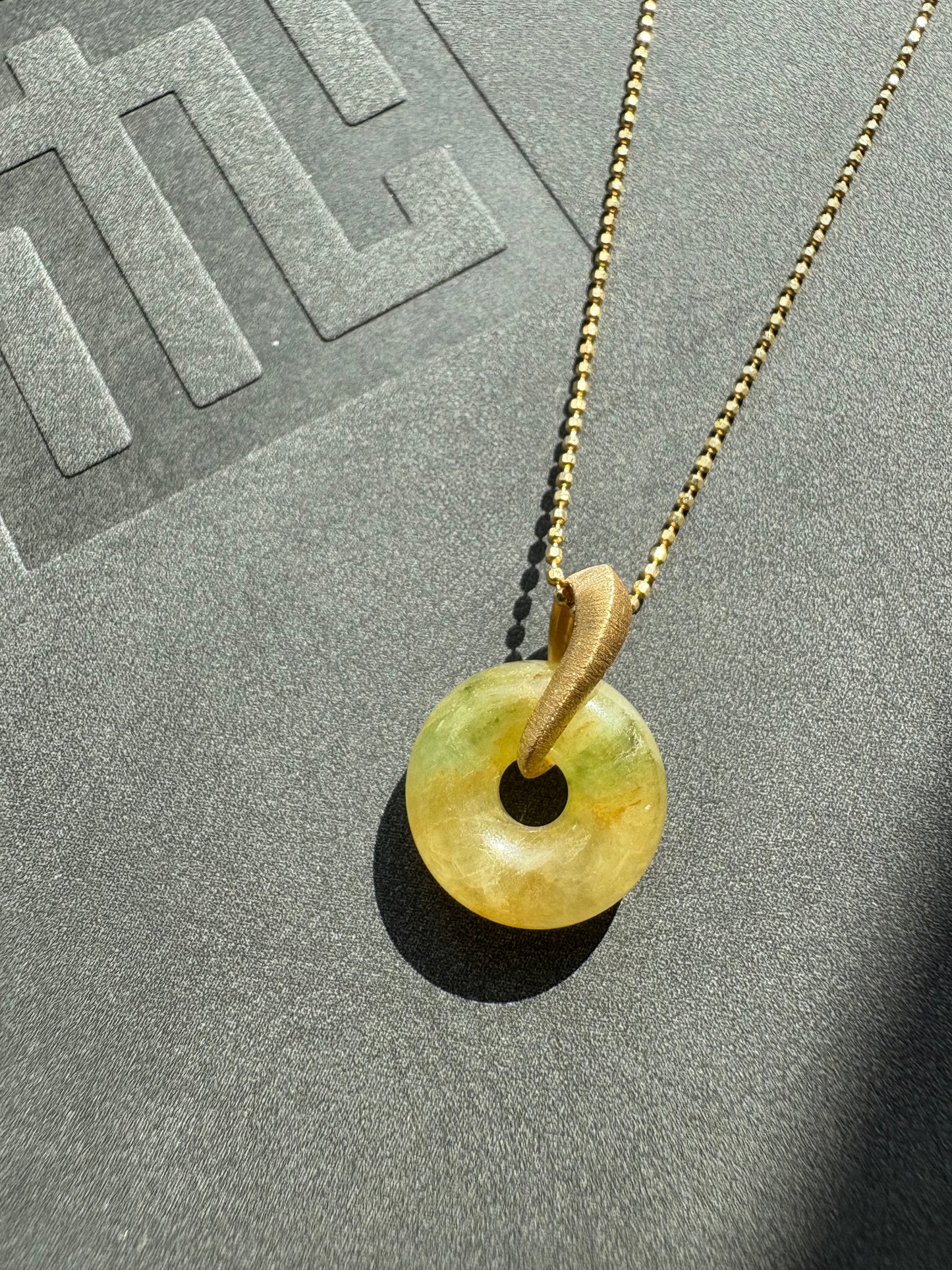 #0428 "Ping An Kou" Icy Vivid Yellow Green Jadeite Jade Mini Donut 18K Yellow Gold Pendant