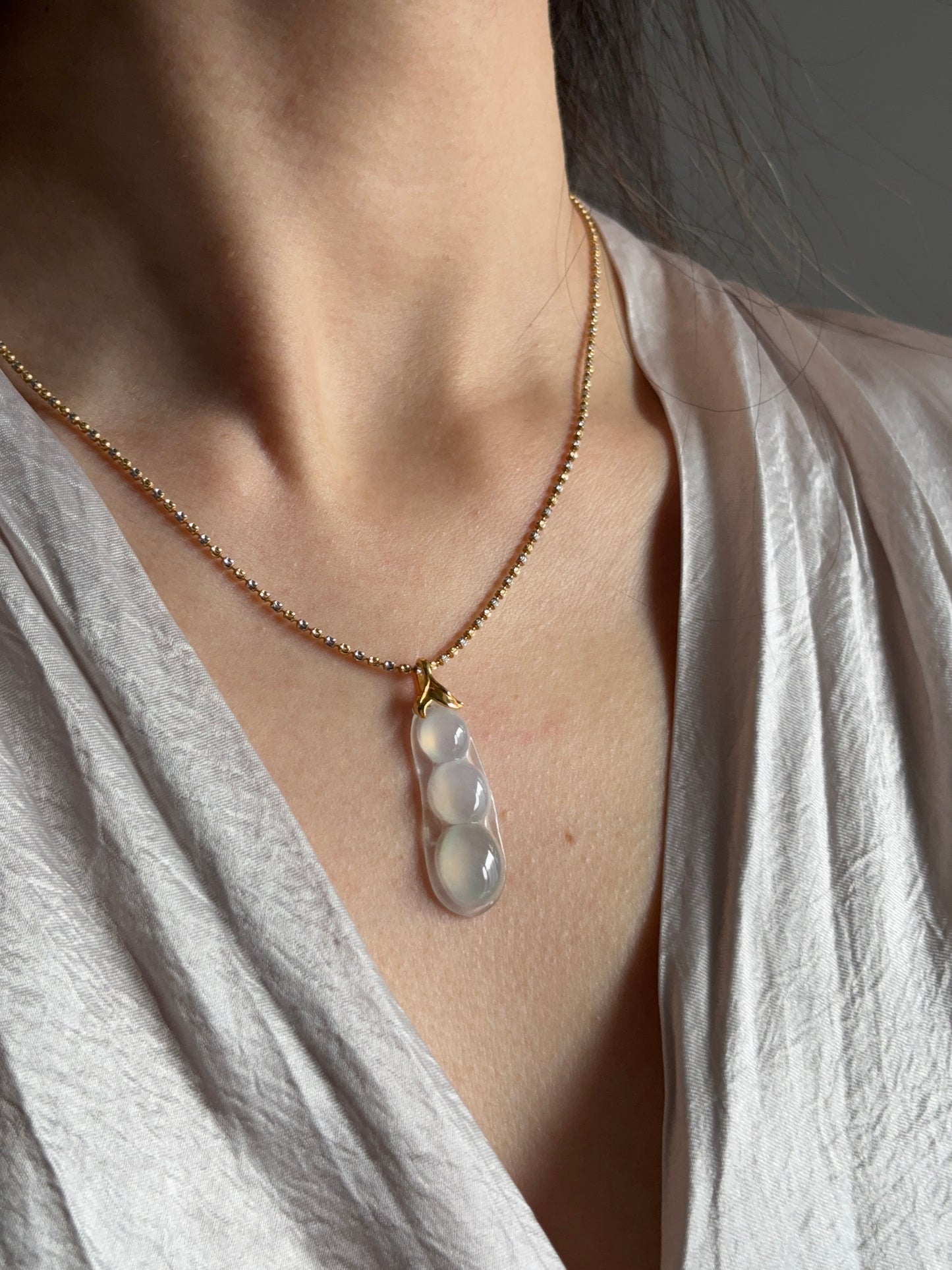 #P0489 "Fortune Bean" Highly Icy White with Light Green Tone Jadeite Jade 18K Yellow Gold Pendant