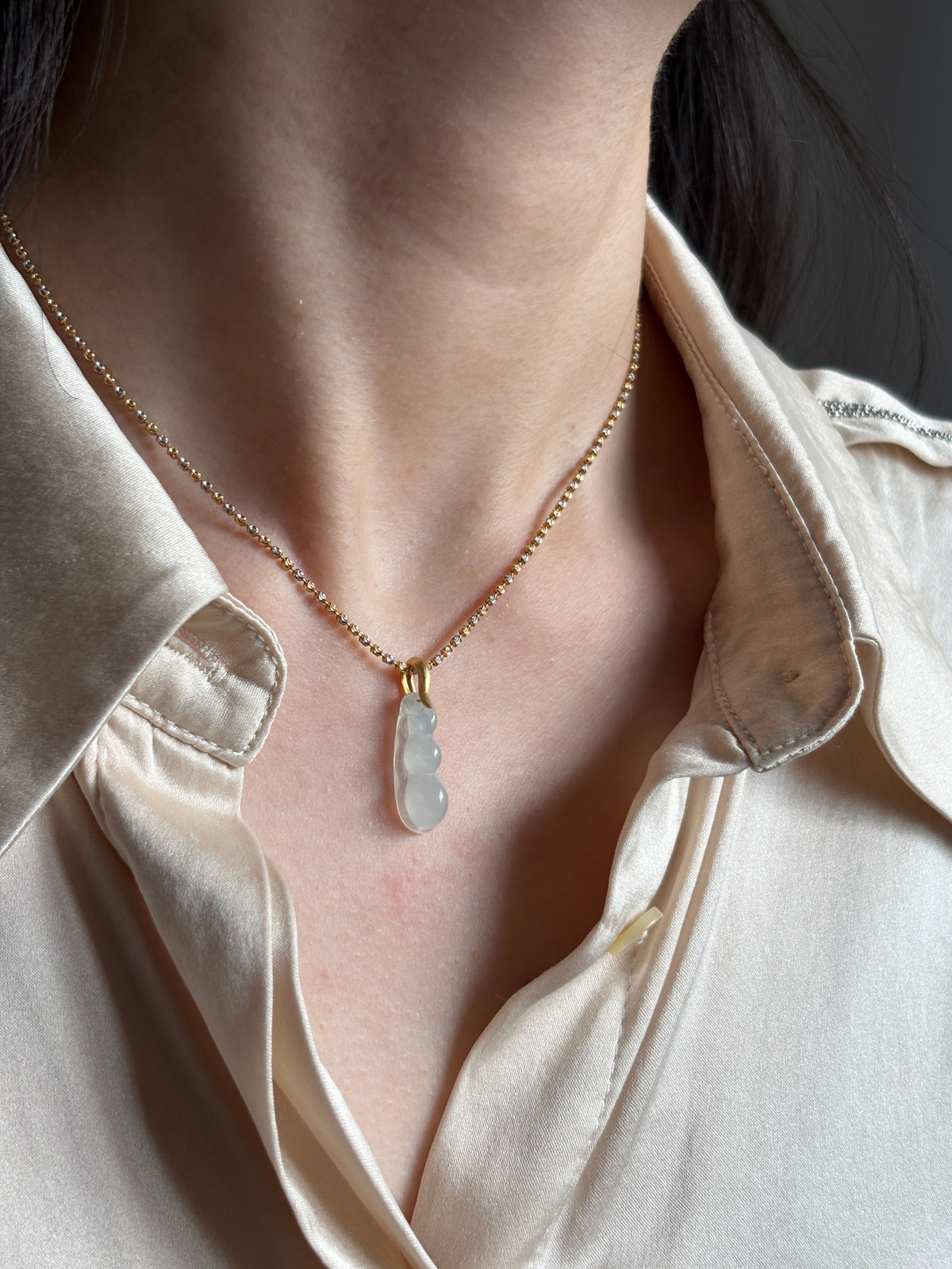 #P0506 "Fortune Bean" Highly Icy White Light Blue Jadeite Jade 18K Yellow Gold Pendant