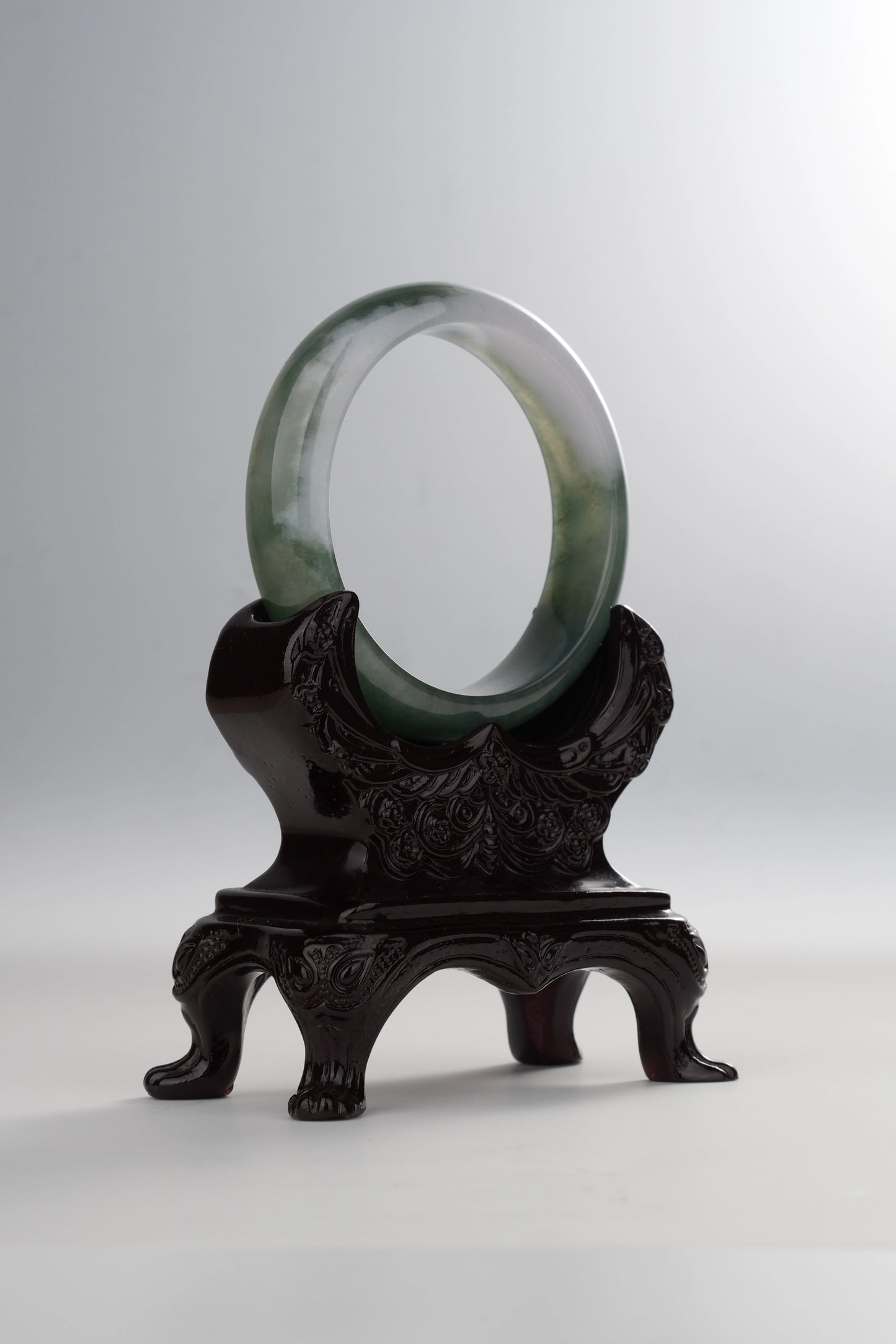 #0035 Icy Forest Green White Jadeite Jade Bangle Size 55.6