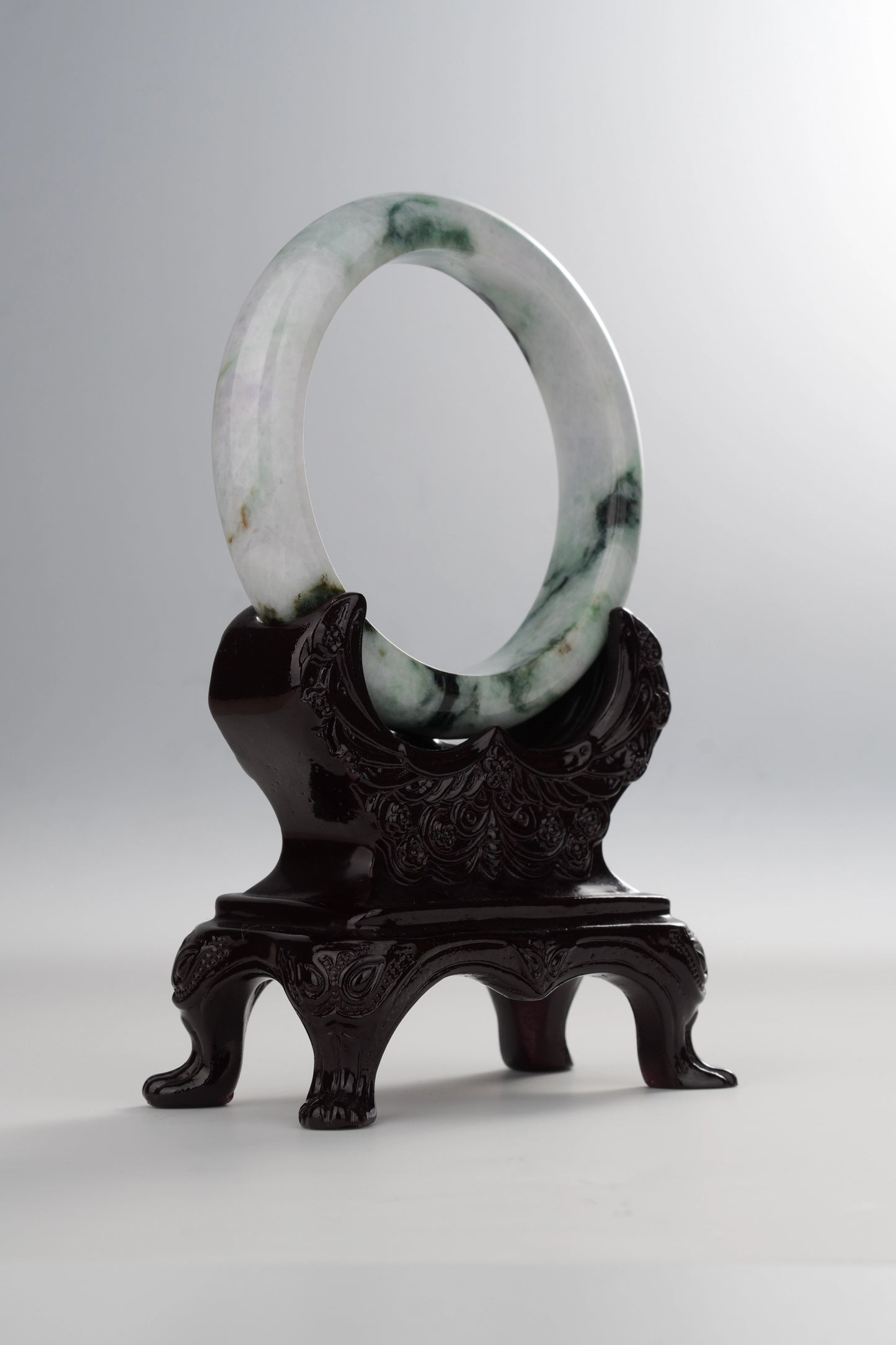 #0044 Dark Green Black Flower White Jadeite Jade Bangle Size 63.4