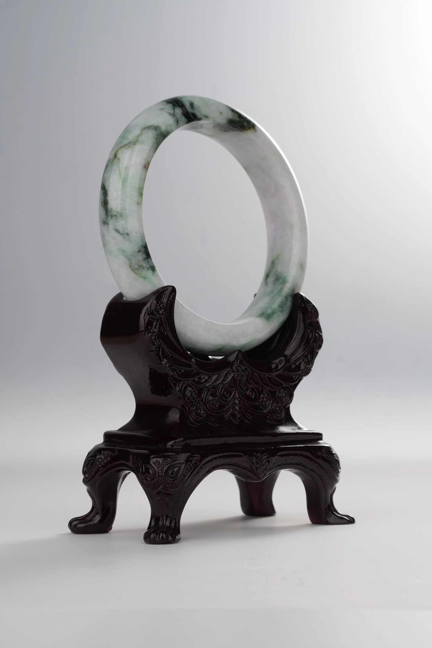 #0044 Dark Green Black Flower White Jadeite Jade Bangle Size 63.4