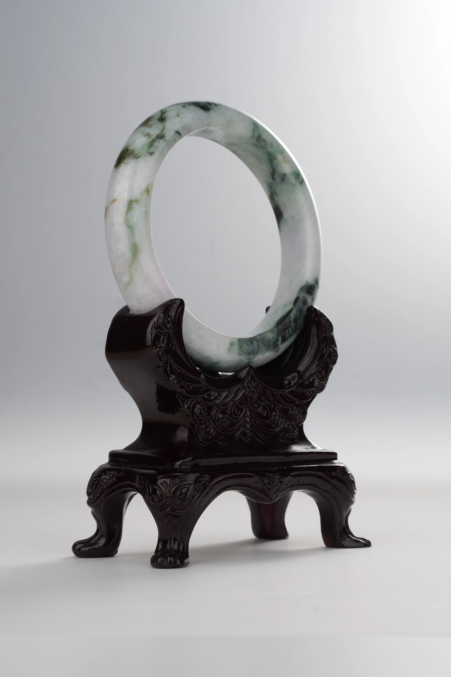 #0044 Dark Green Black Flower White Jadeite Jade Bangle Size 63.4