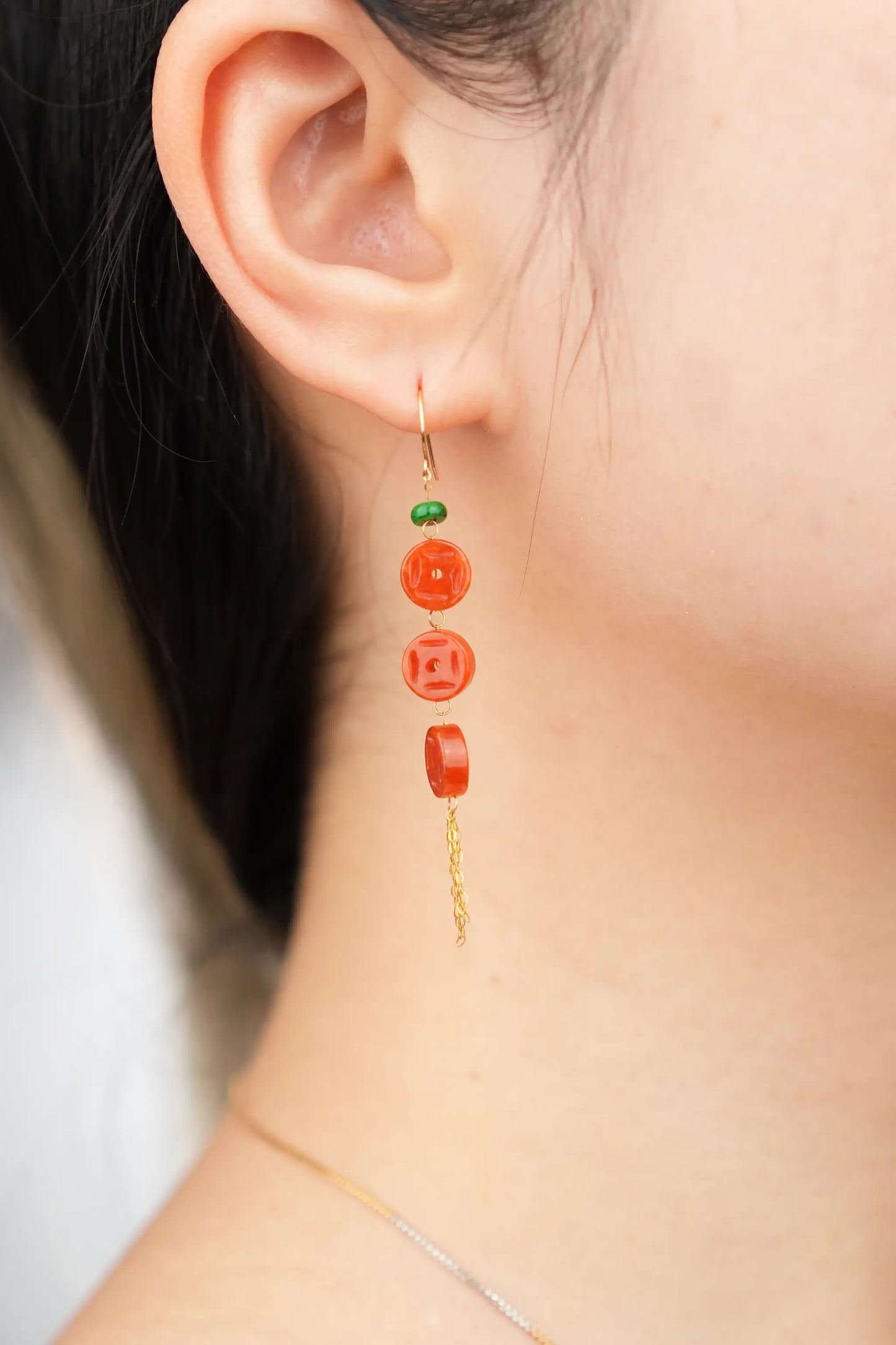 Red Jadeite Jade 18K Yellow Gold Earrings