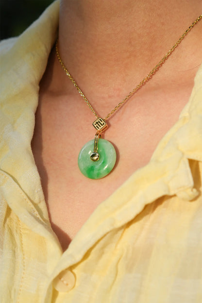 "Bi" Bright Sun Green Jadeite Jade Donut Pendant Necklace