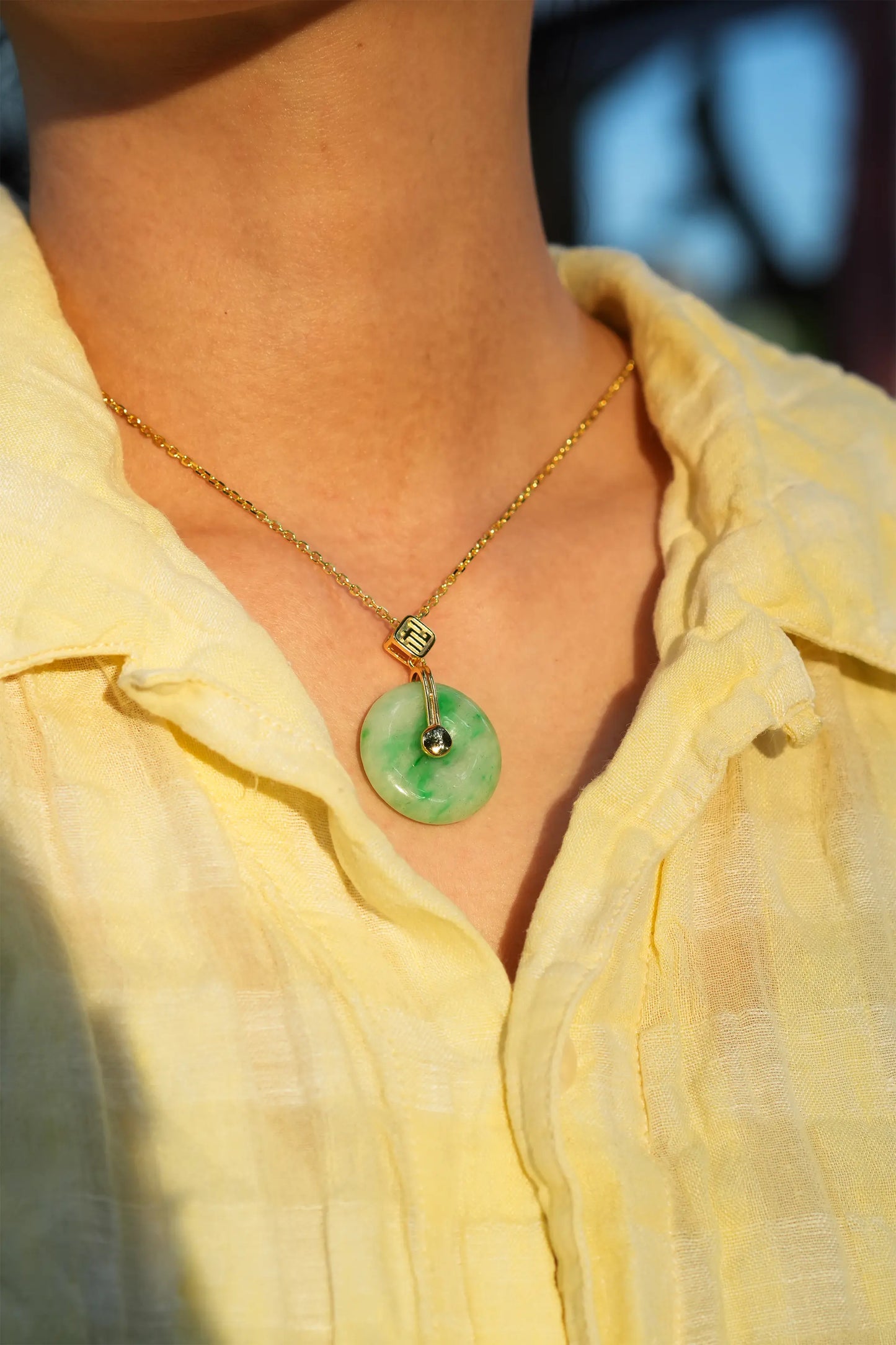 "Bi" Bright Sun Green Jadeite Jade Donut Pendant Necklace