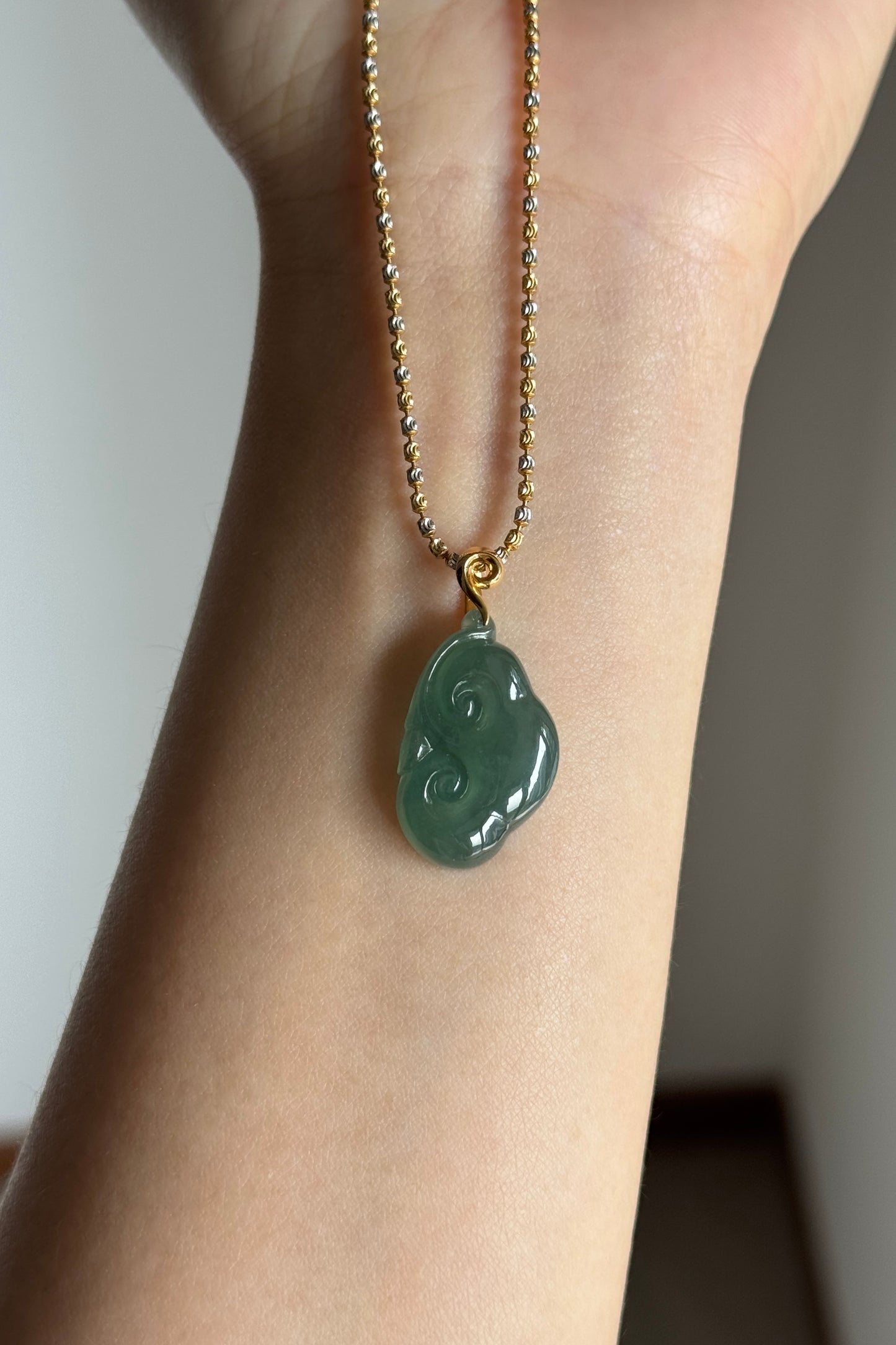 #P0527 "Ruyi / As Your Wish" Highly Icy Blue Water Rich Lake Green Jadeite Jade 18K Yellow Gold Pendant
